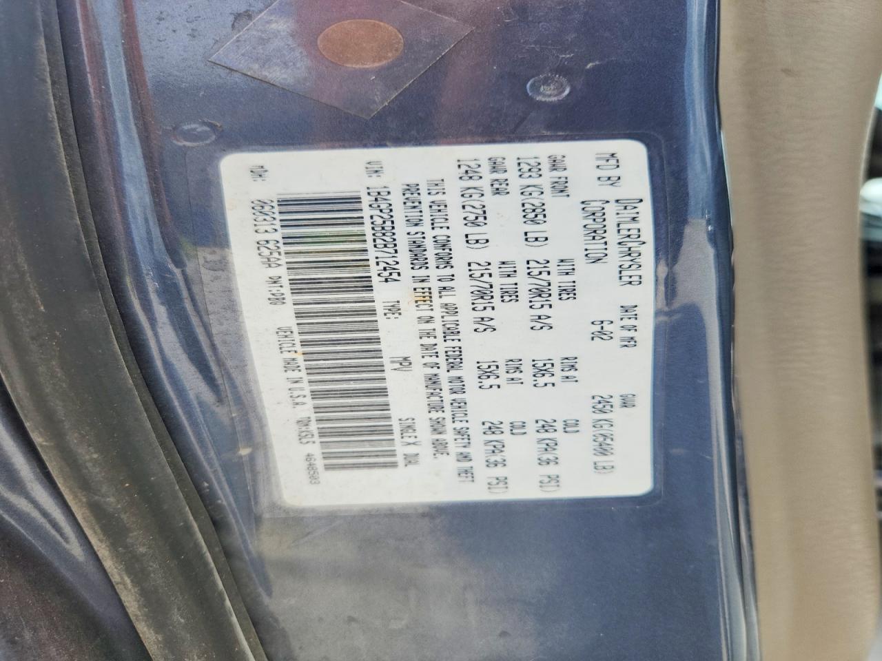 2002 Dodge Caravan Se Teal vin: 1B4GP25B82B712454