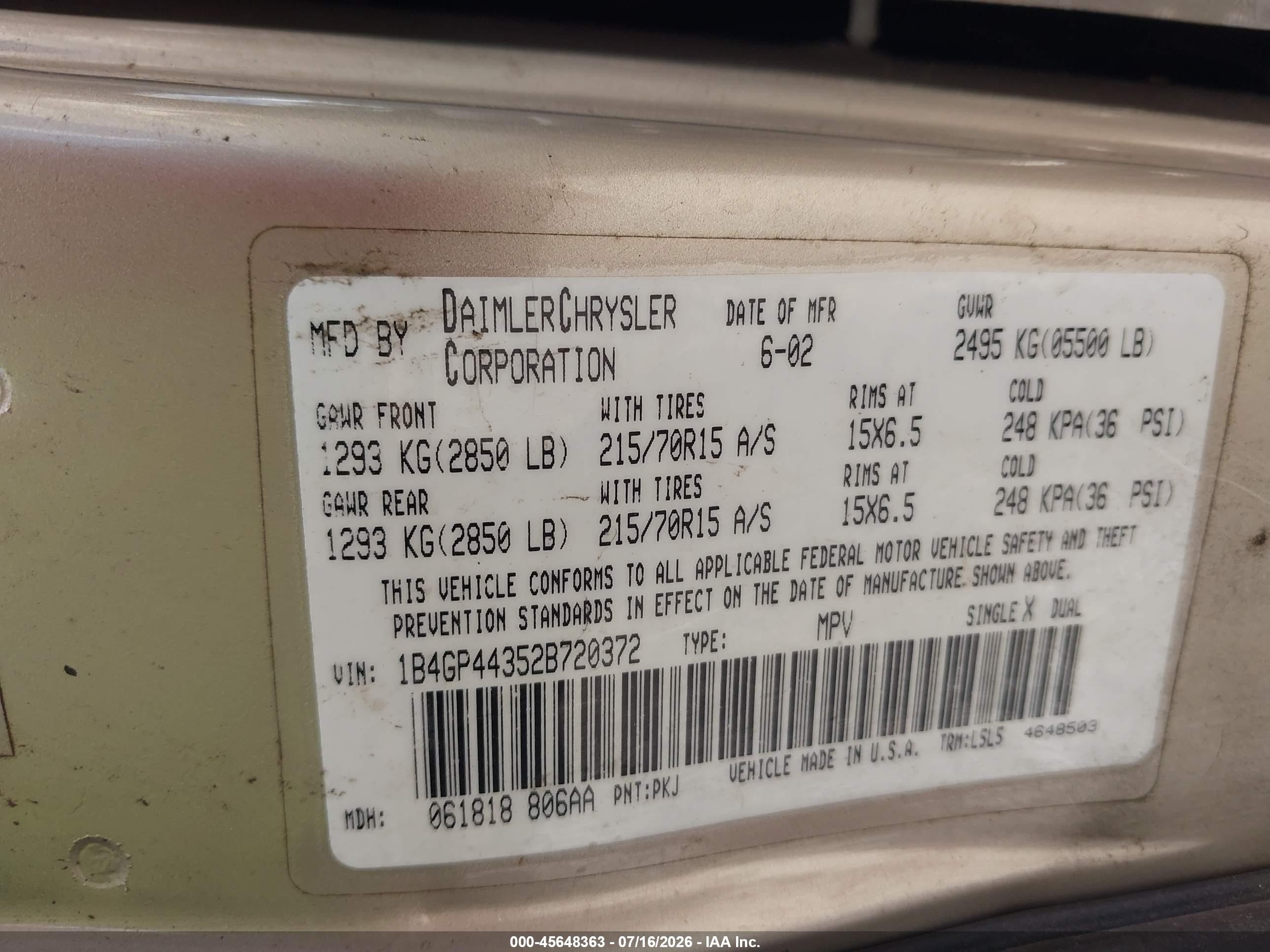 2002 Dodge Grand Caravan Sport Gold vin: 1B4GP44352B720372