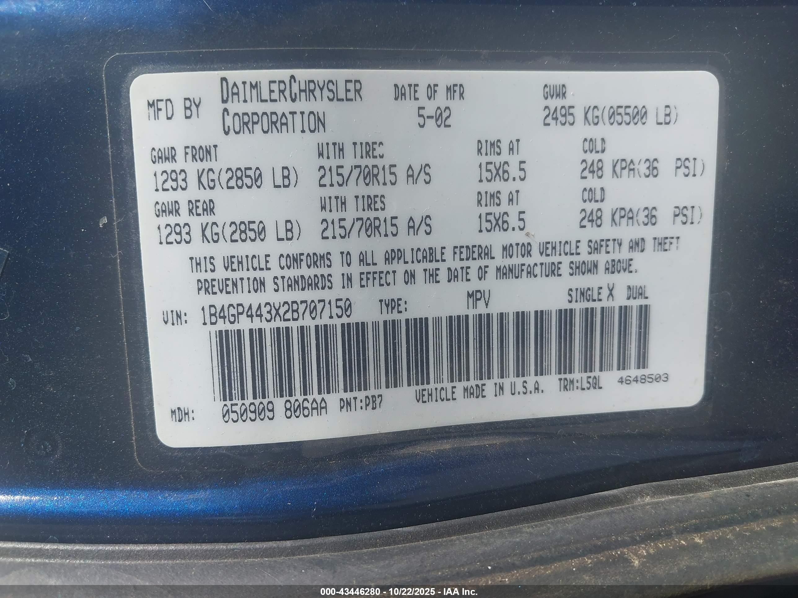 2002 Dodge Caravan Sport Navy vin: 1B4GP443X2B707150