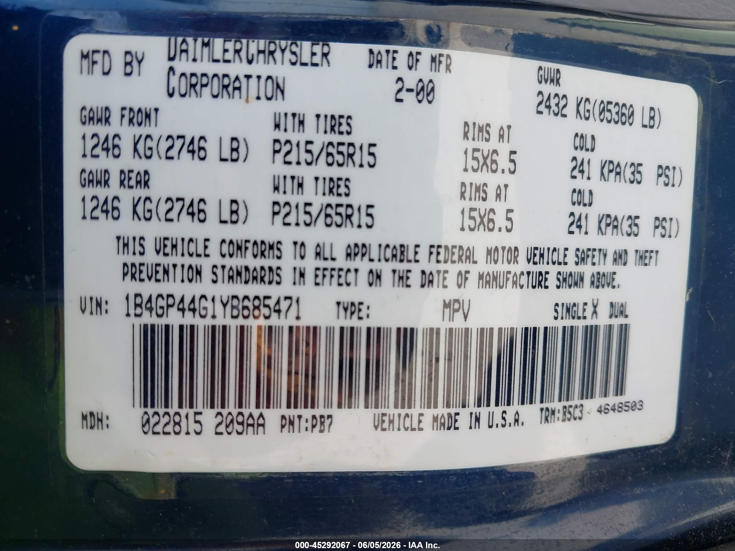 2000 Dodge Grand Caravan Se Blue vin: 1B4GP44G1YB685471