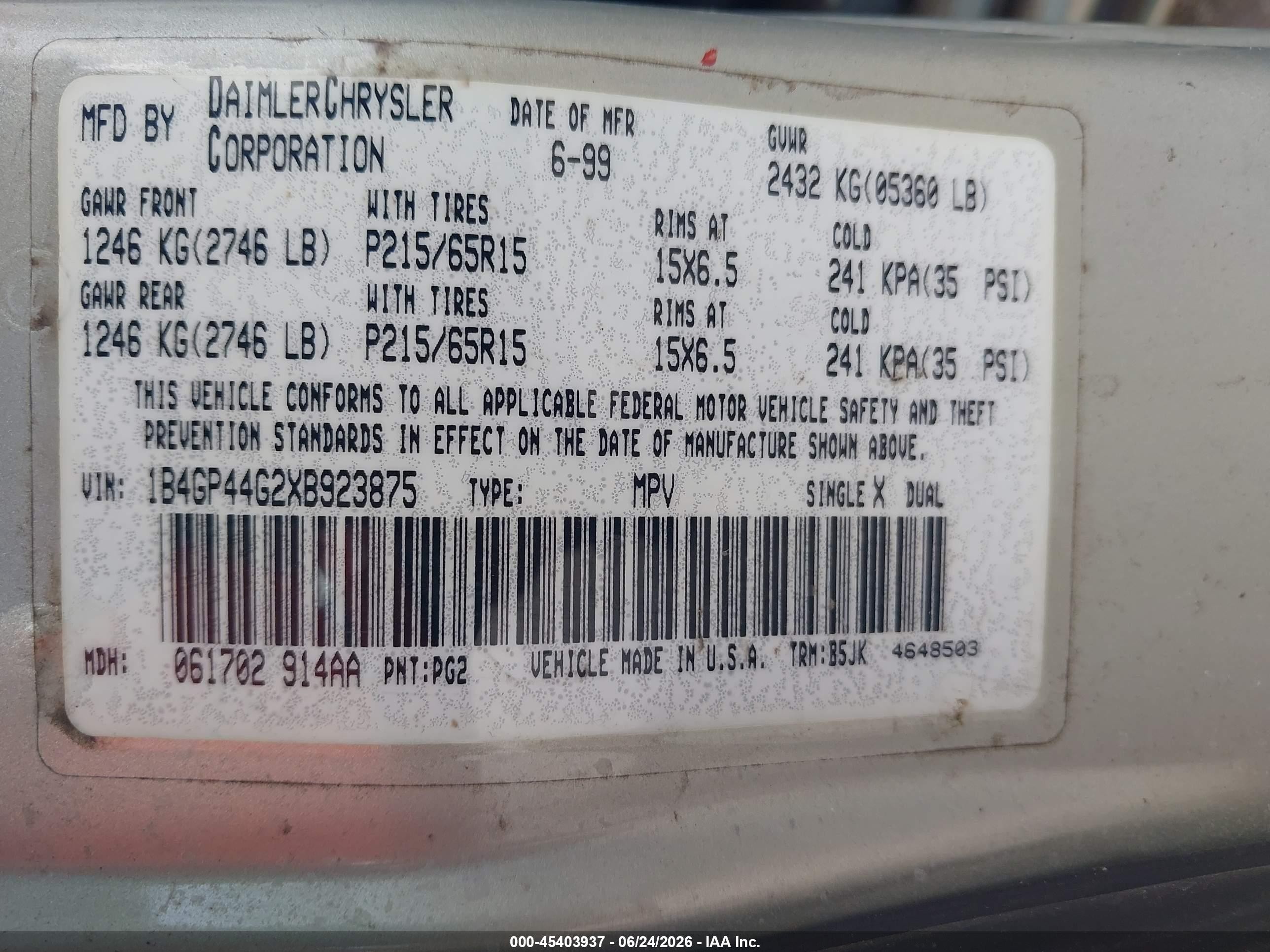 1999 Dodge Grand Caravan Se Gold vin: 1B4GP44G2XB923875