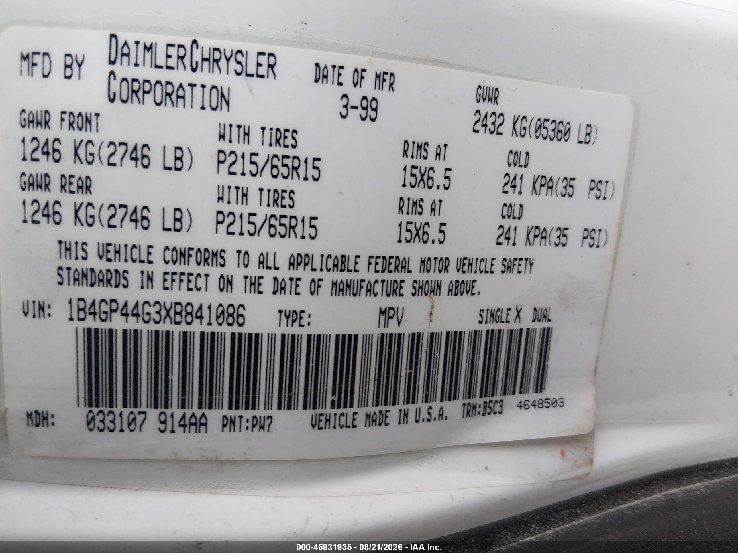 1999 Dodge Grand Caravan Se White vin: 1B4GP44G3XB841086
