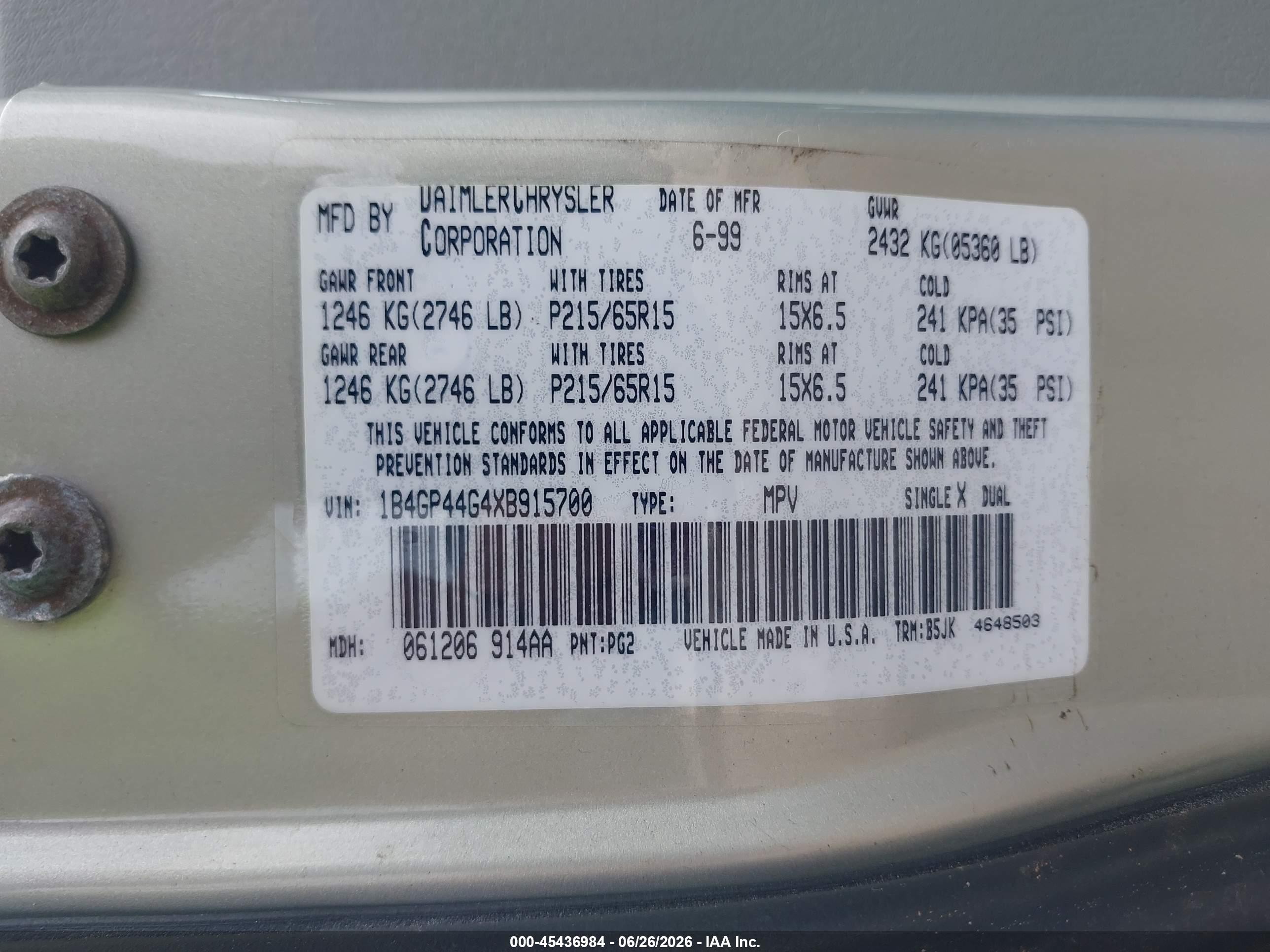 1999 Dodge Grand Caravan Se Gray vin: 1B4GP44G4XB915700