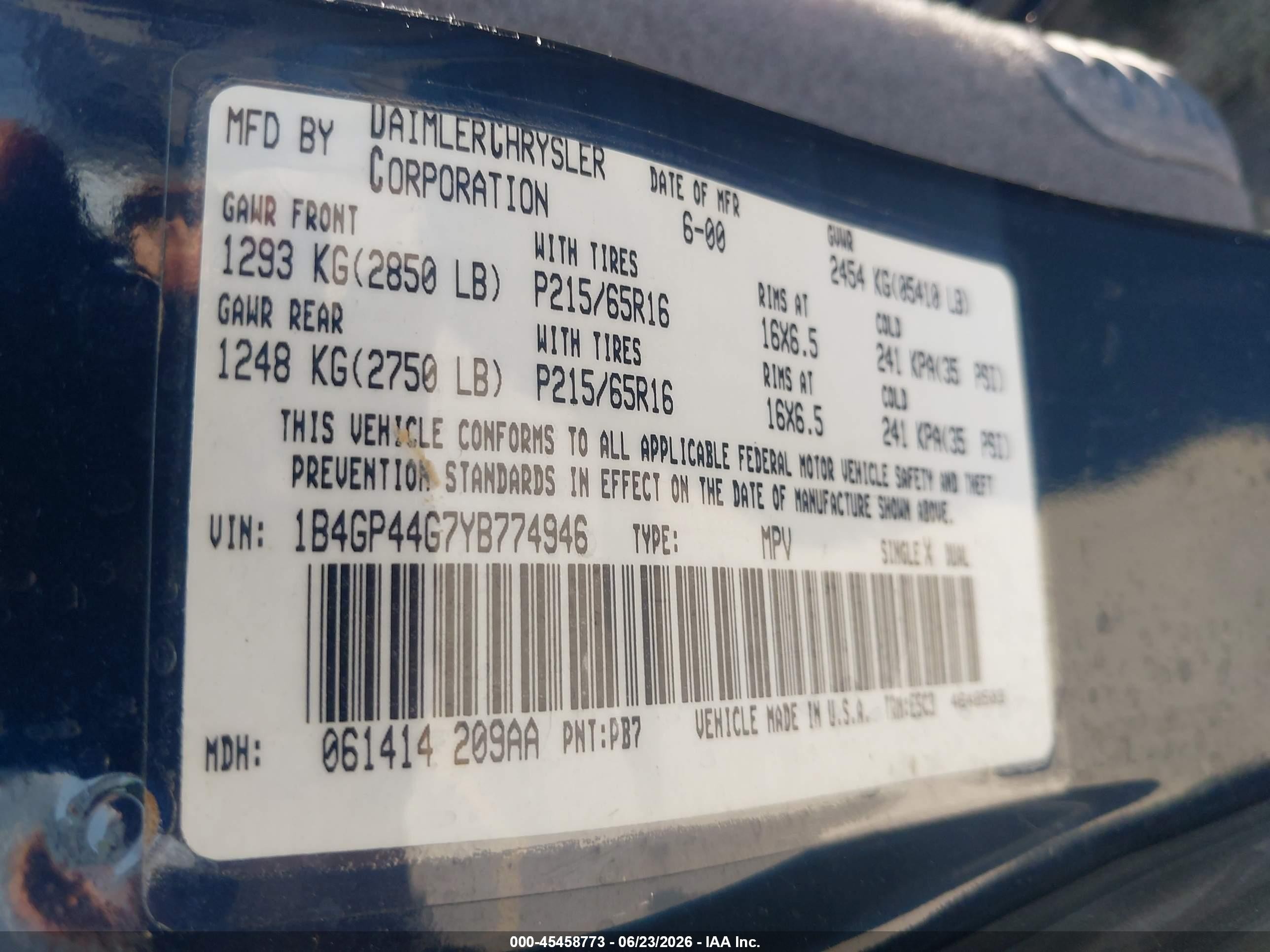 2000 Dodge Grand Caravan Se Blue vin: 1B4GP44G7YB774946