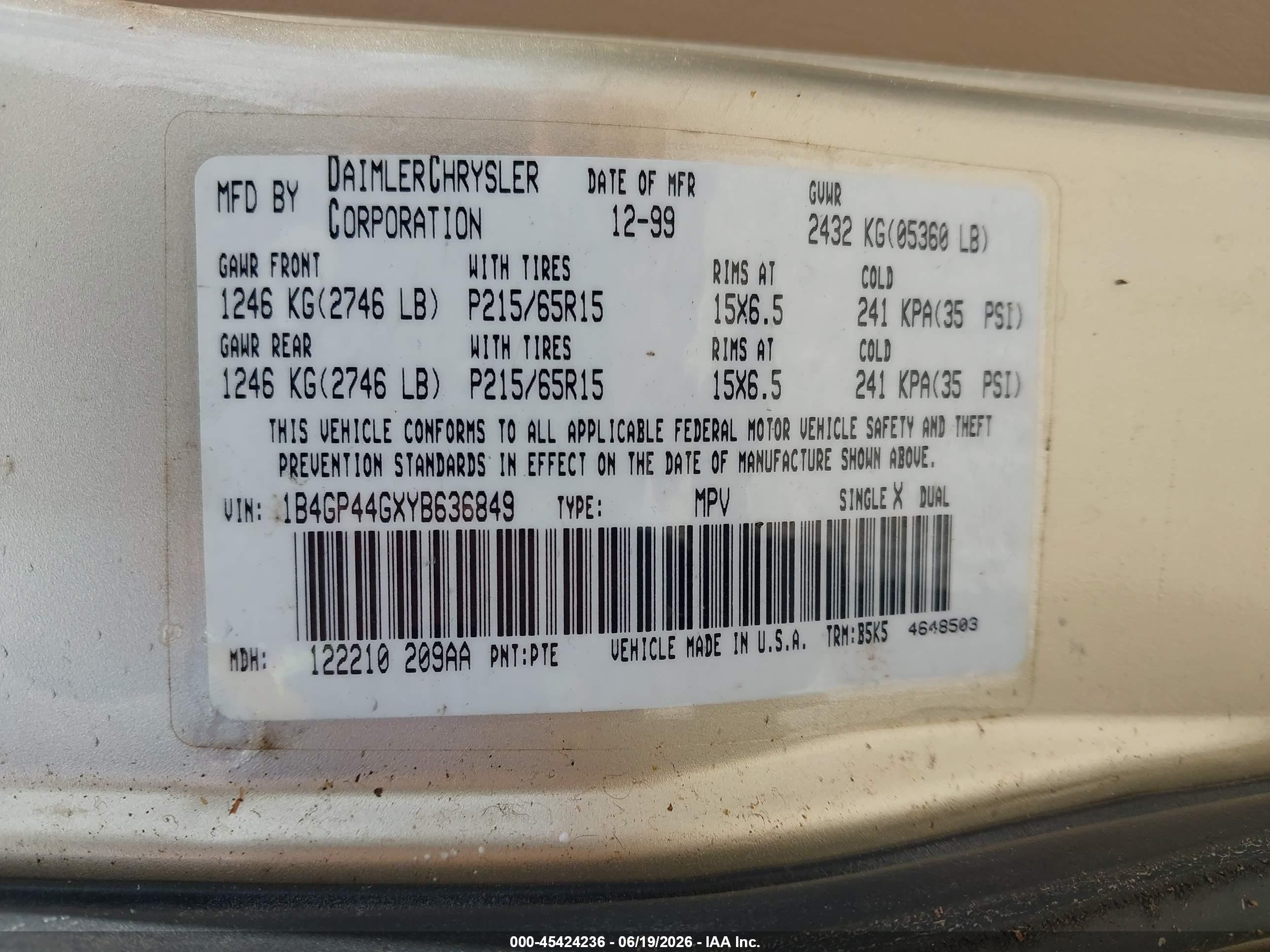 2000 Dodge Grand Caravan Se Gold vin: 1B4GP44GXYB636849