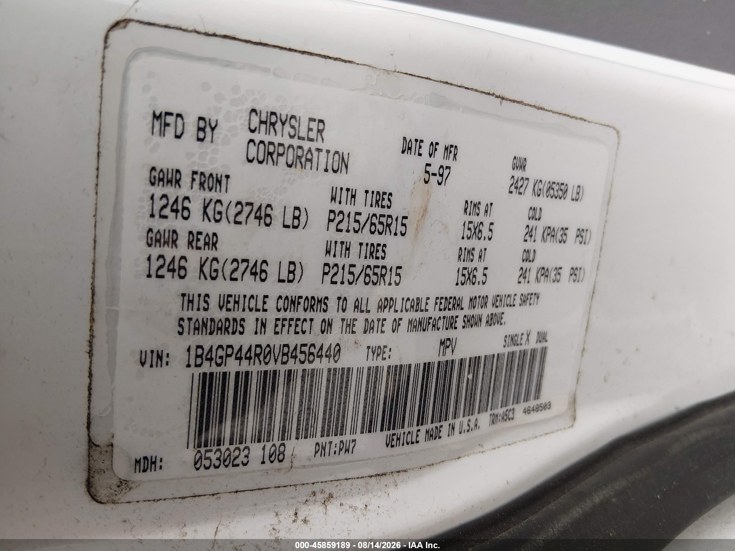 1997 Dodge Grand Caravan Se White vin: 1B4GP44R0VB456440