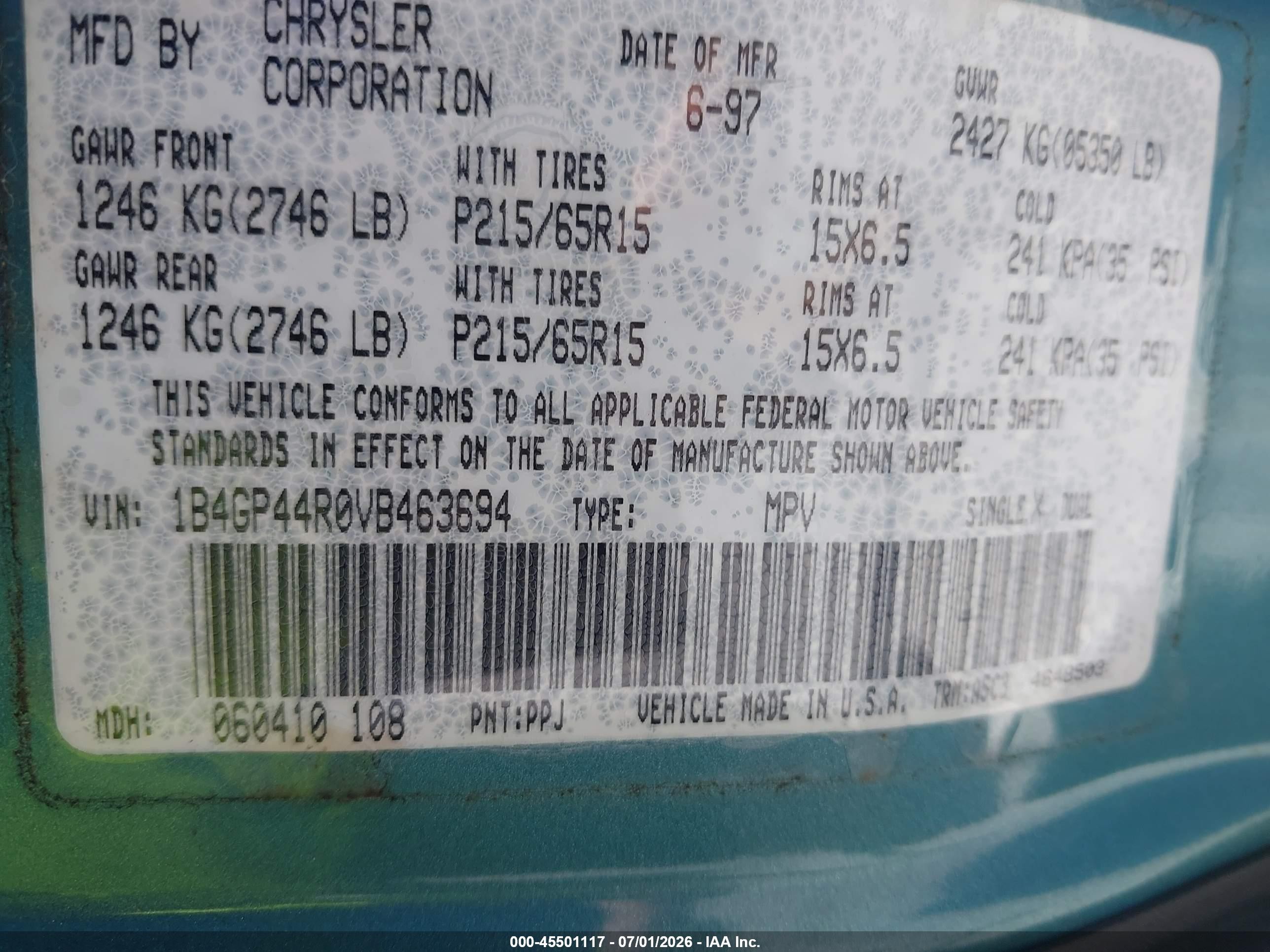 1997 Dodge Caravan Se Blue vin: 1B4GP44R0VB463694
