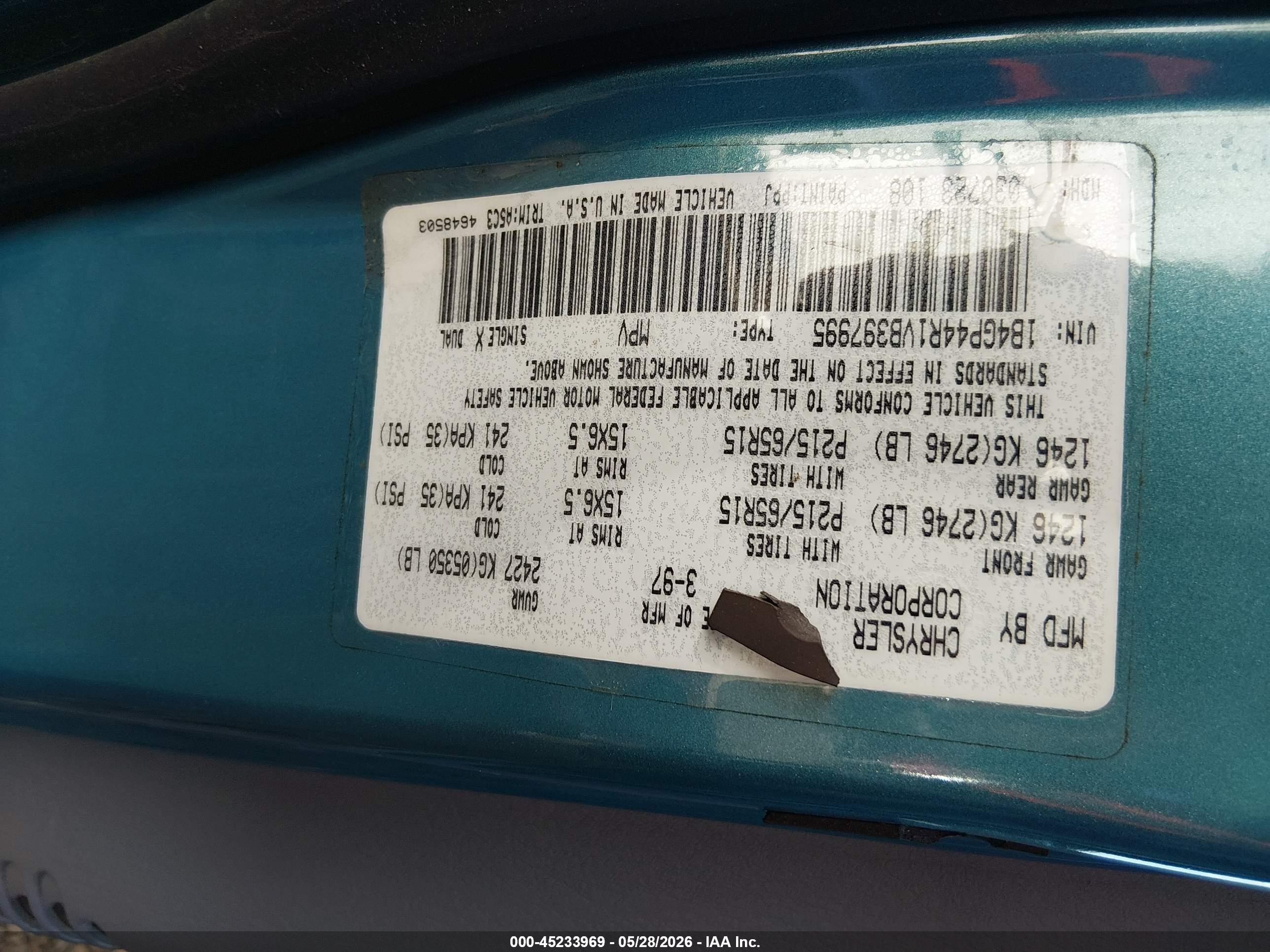 1997 Dodge Grand Caravan Se Blue vin: 1B4GP44R1VB397995