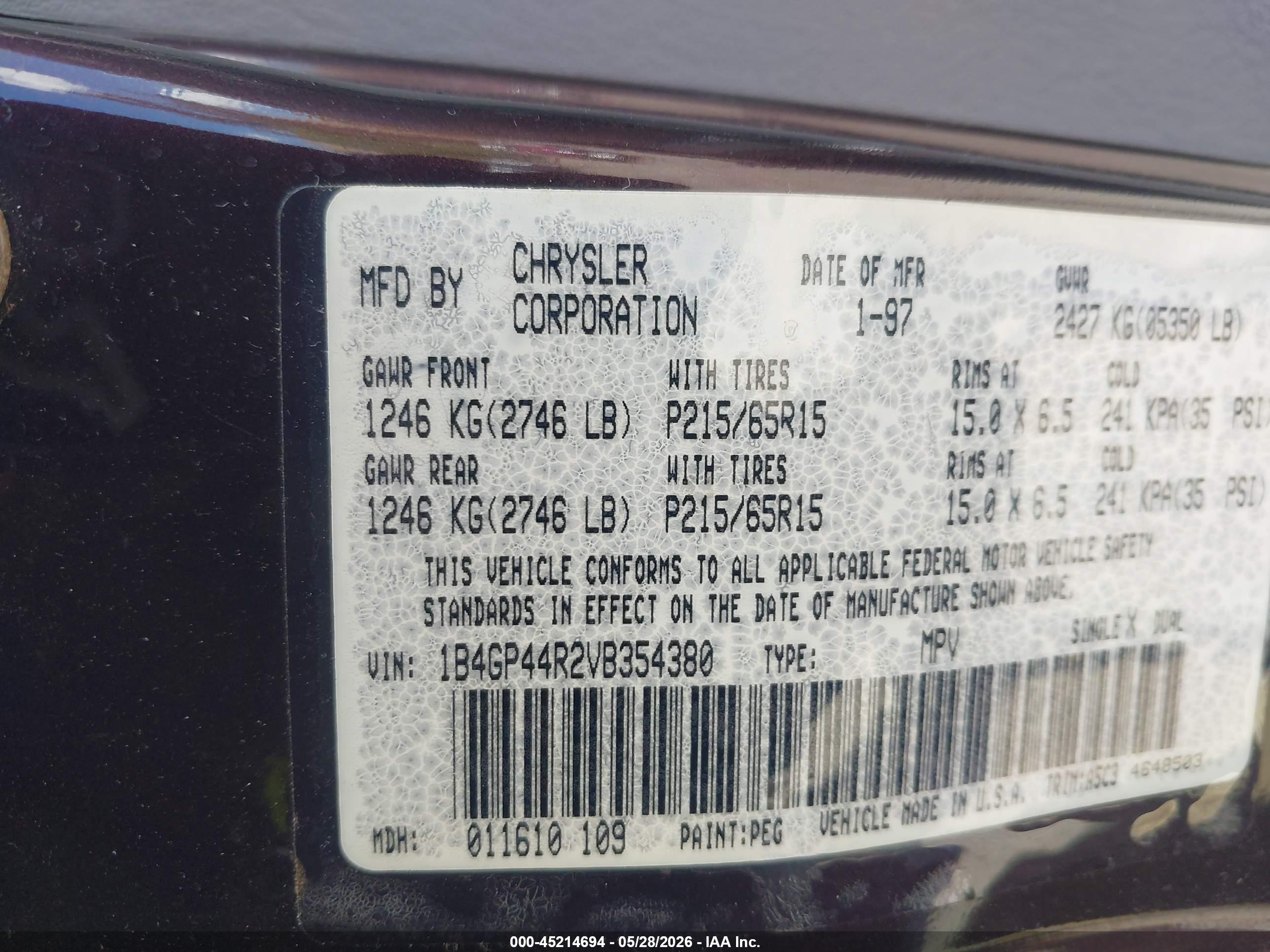 1997 Dodge Grand Caravan Se Purple vin: 1B4GP44R2VB354380