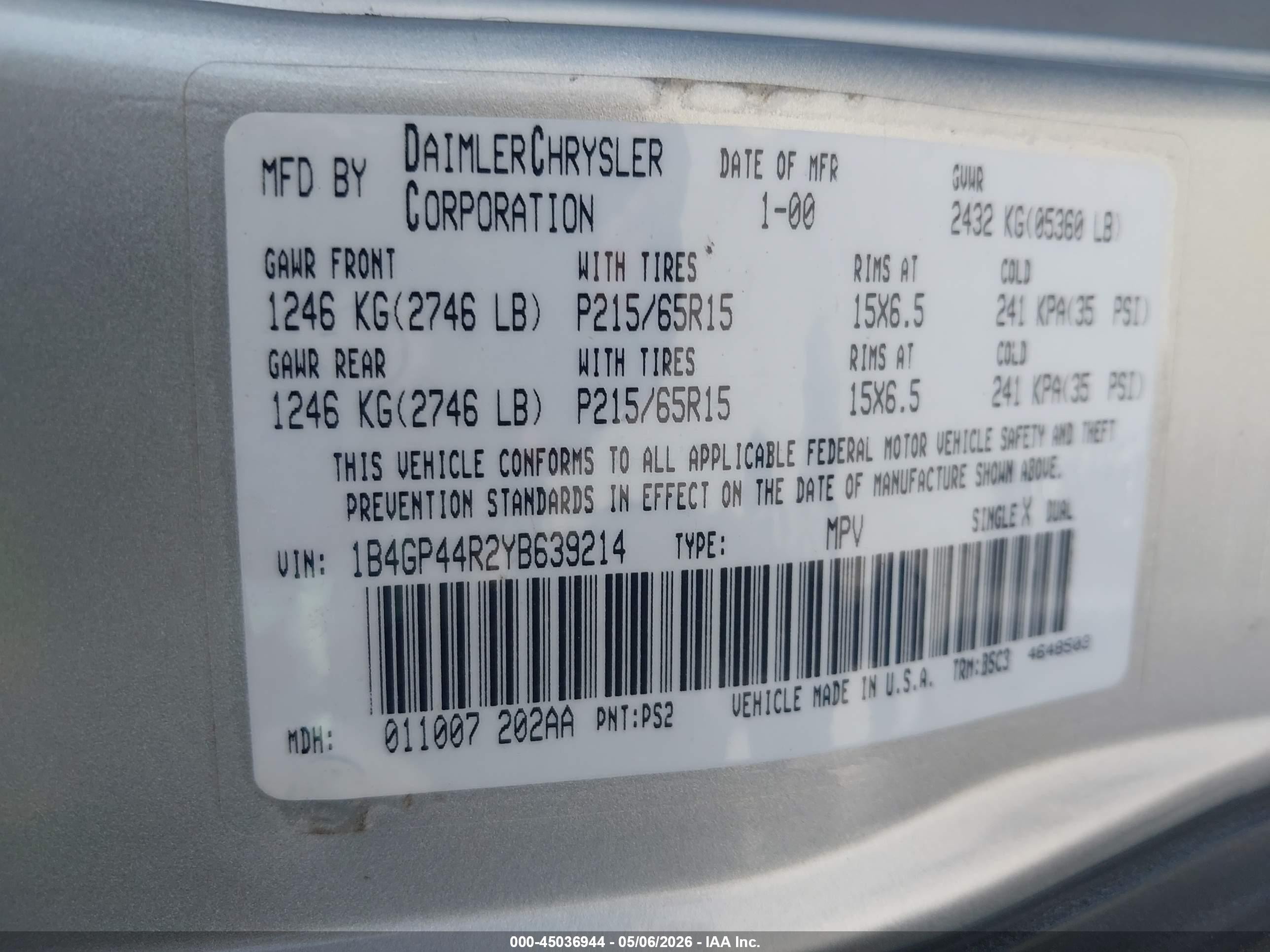 2000 Dodge Grand Caravan Se Серебряный vin: 1B4GP44R2YB639214