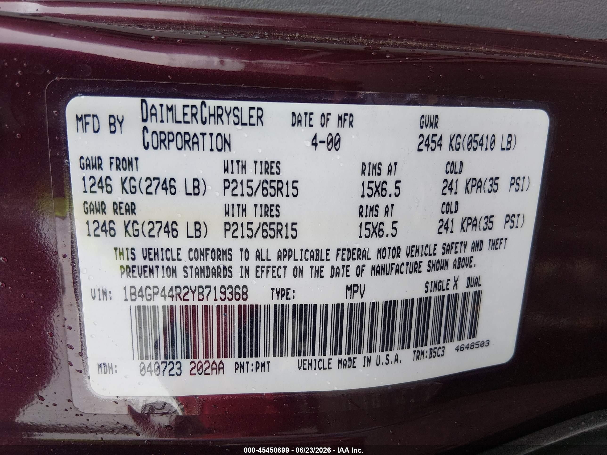 2000 Dodge Grand Caravan Se Purple vin: 1B4GP44R2YB719368