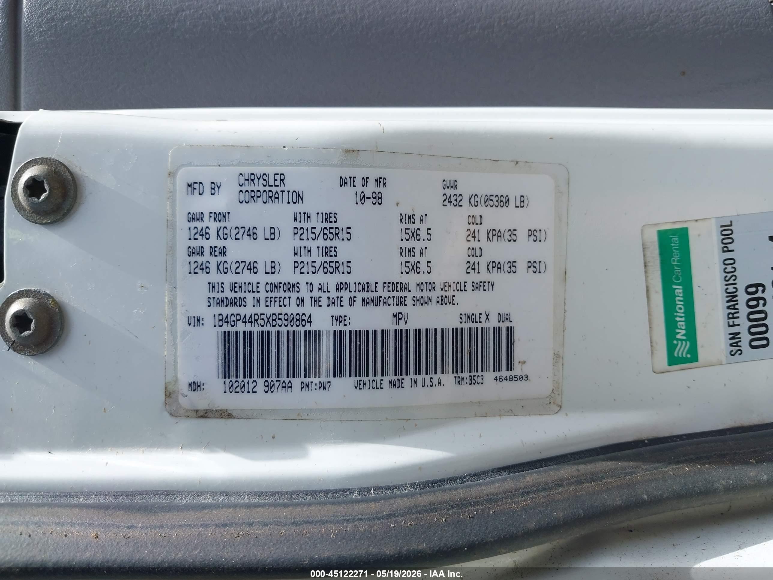1999 Dodge Grand Caravan Se White vin: 1B4GP44R5XB590864