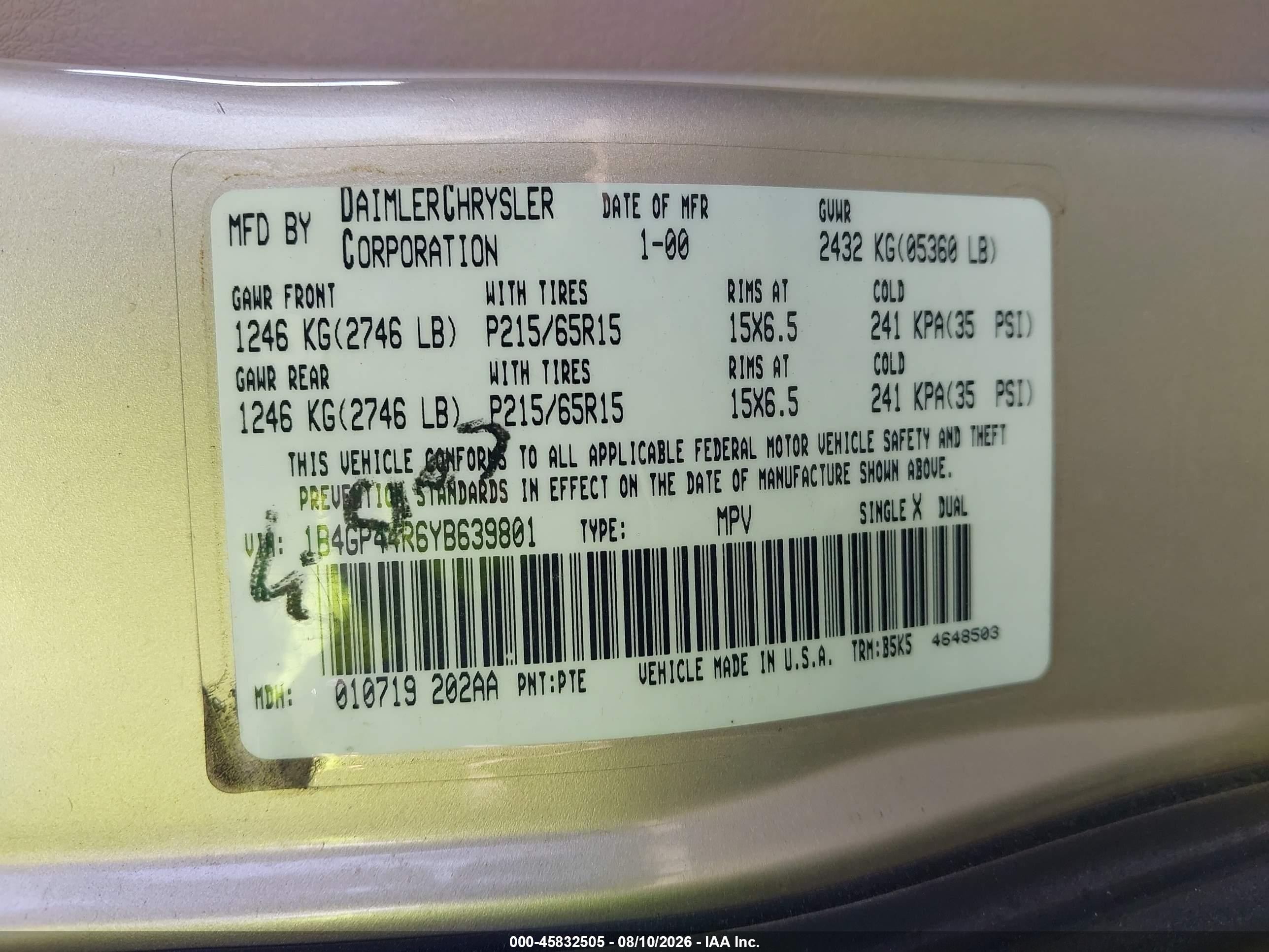 2000 Dodge Grand Caravan Se Beige vin: 1B4GP44R6YB639801