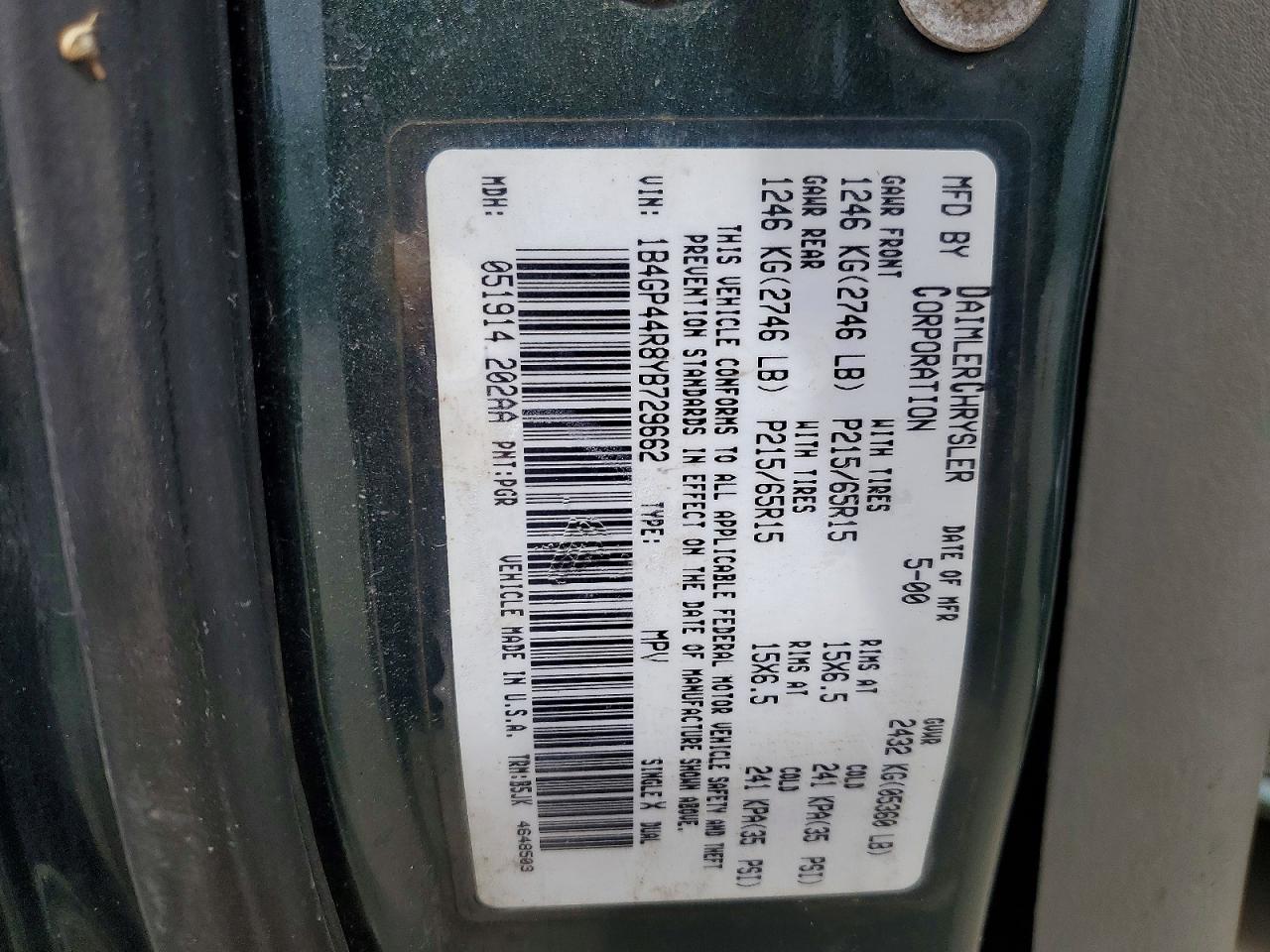 2000 Dodge Grand Caravan Se Green vin: 1B4GP44R8YB729662