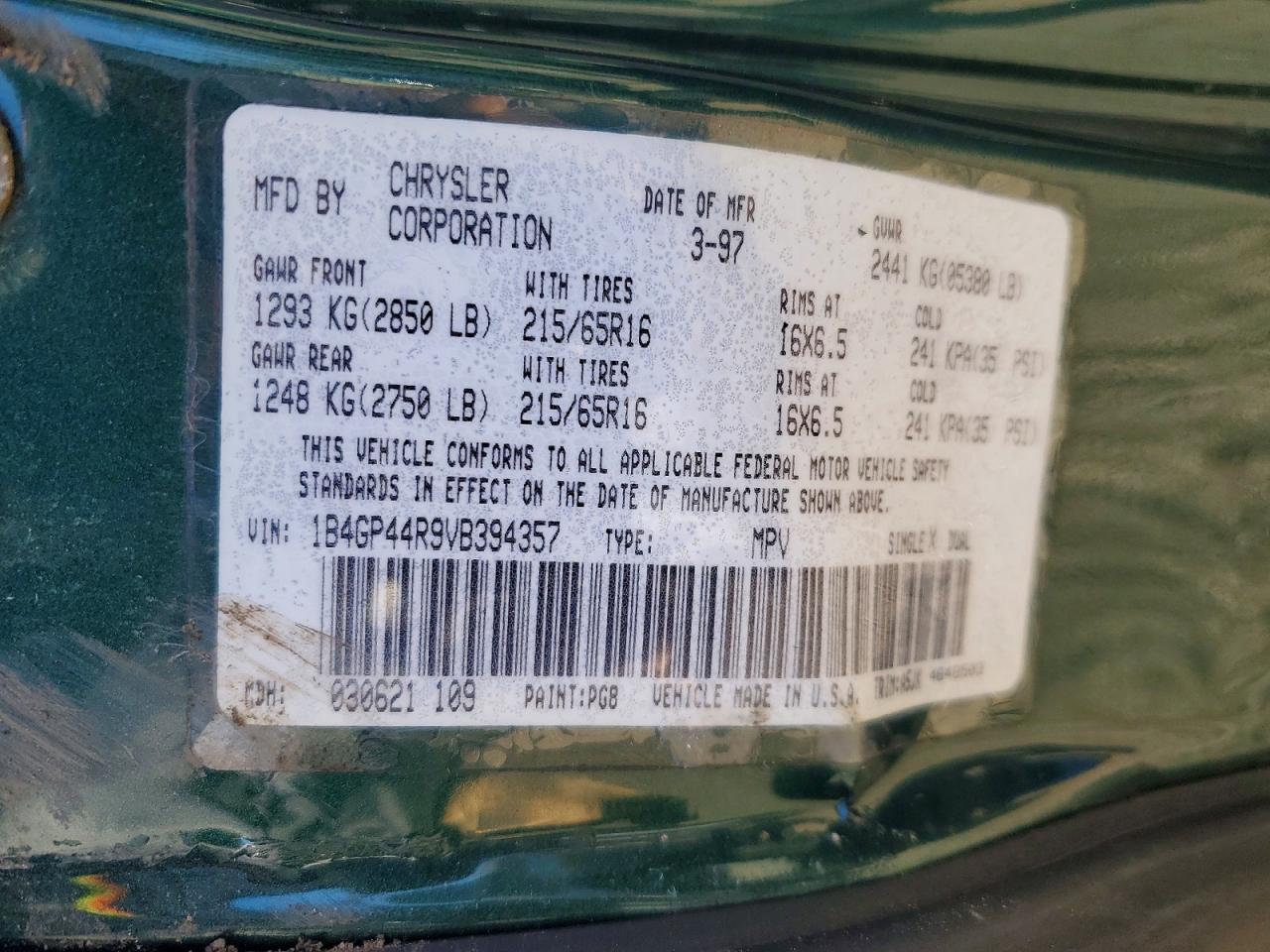 1997 Dodge Grand Caravan Se Зеленый vin: 1B4GP44R9VB394357