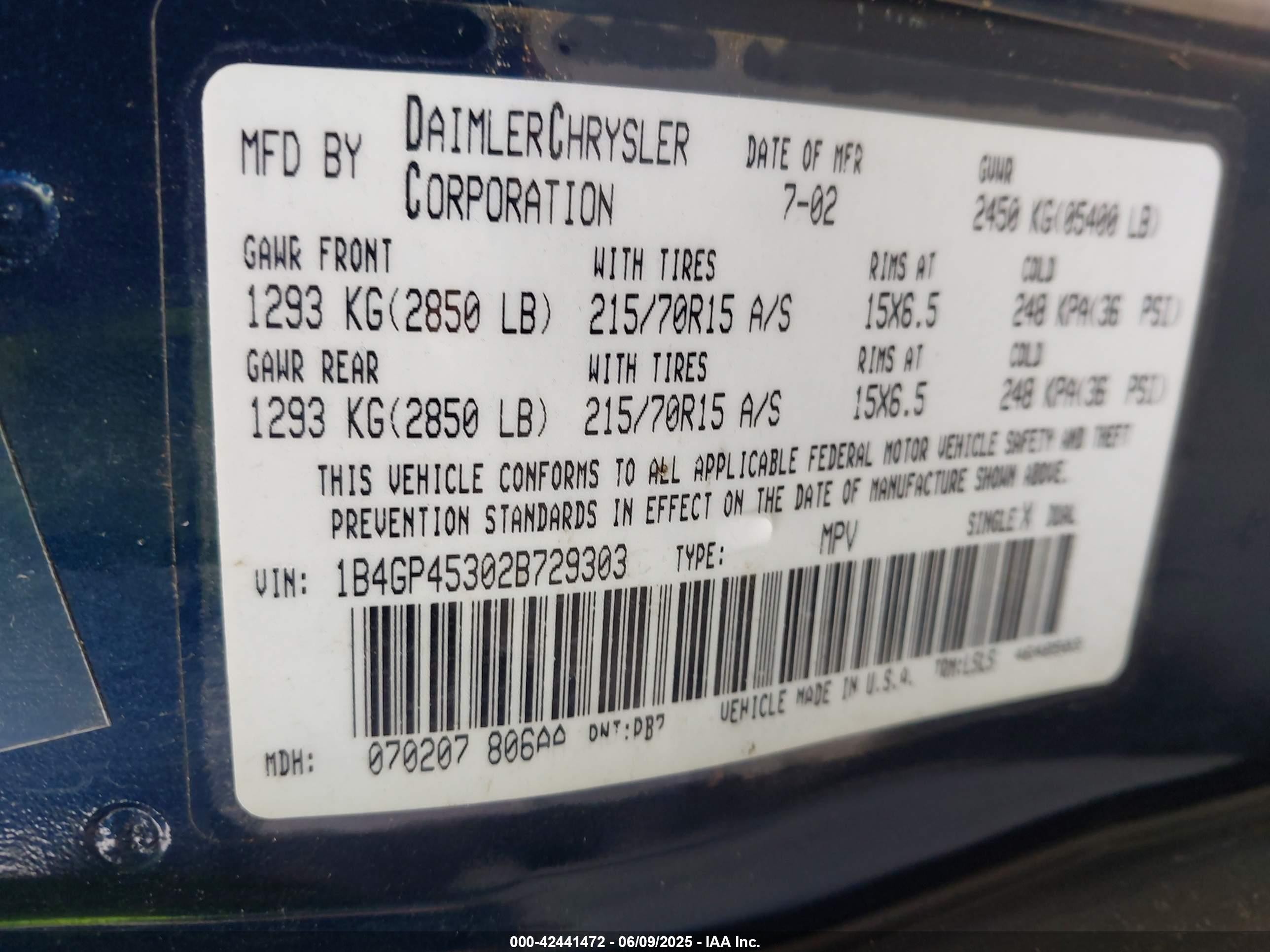 2002 Dodge Caravan Sport Blue vin: 1B4GP45302B729303