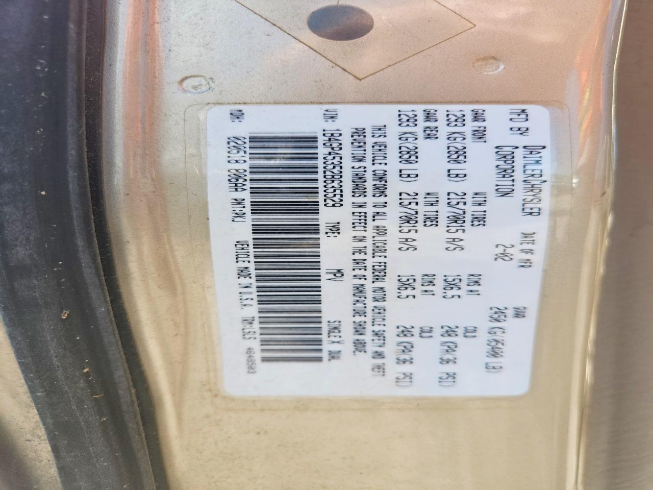 2002 Dodge Caravan Sport Beige vin: 1B4GP45352B635529