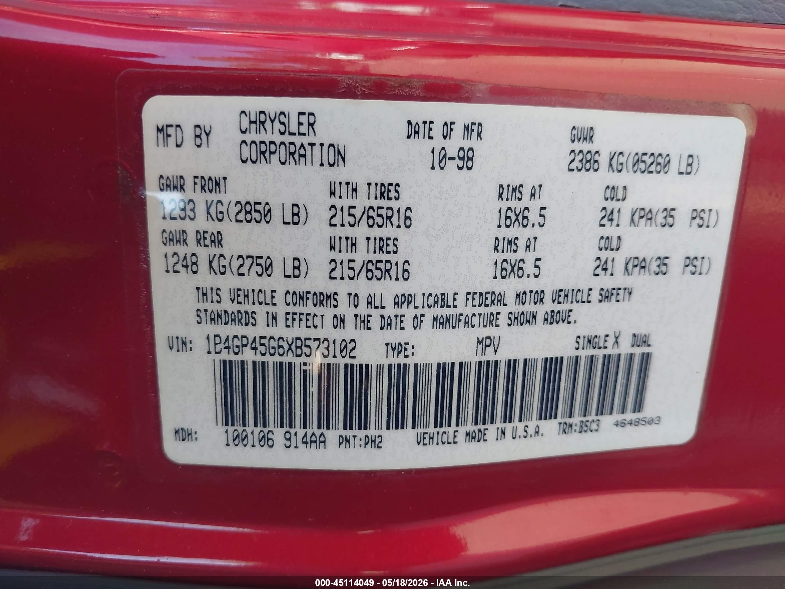 1999 Dodge Caravan Se Red vin: 1B4GP45G6XB573102