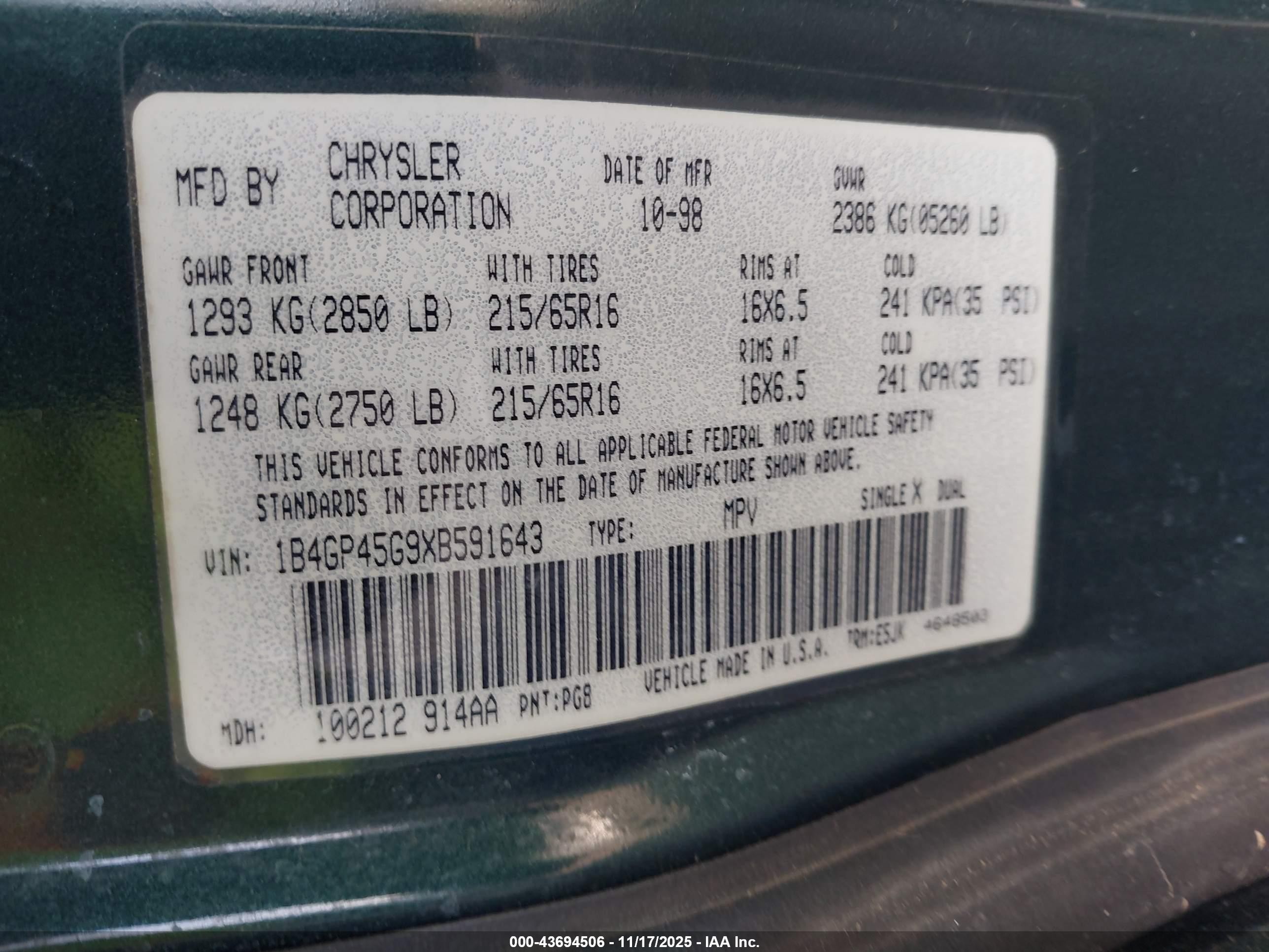 1999 Dodge Caravan Se Green vin: 1B4GP45G9XB591643