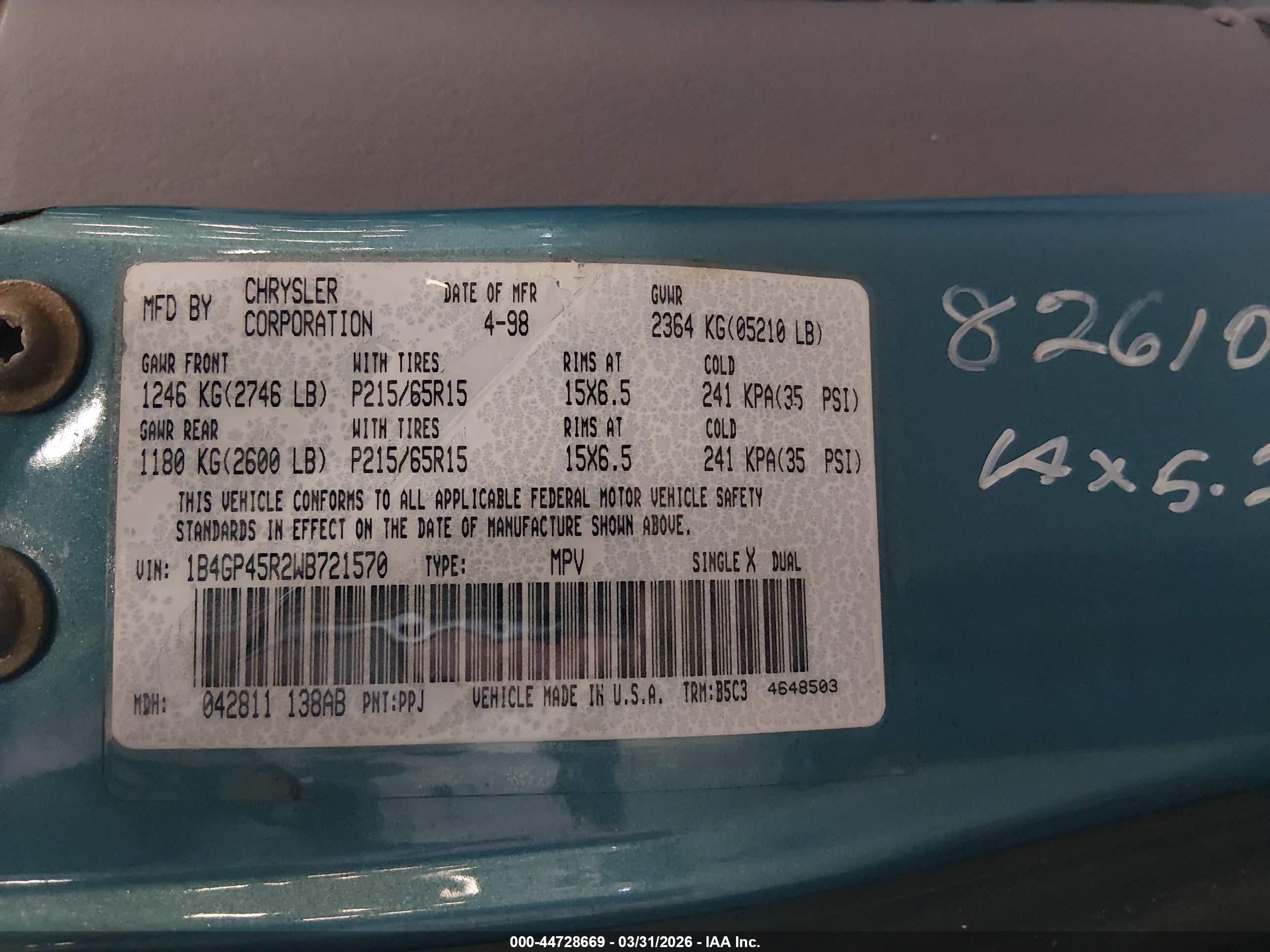 1998 Dodge Caravan Se Light Blue vin: 1B4GP45R2WB721570