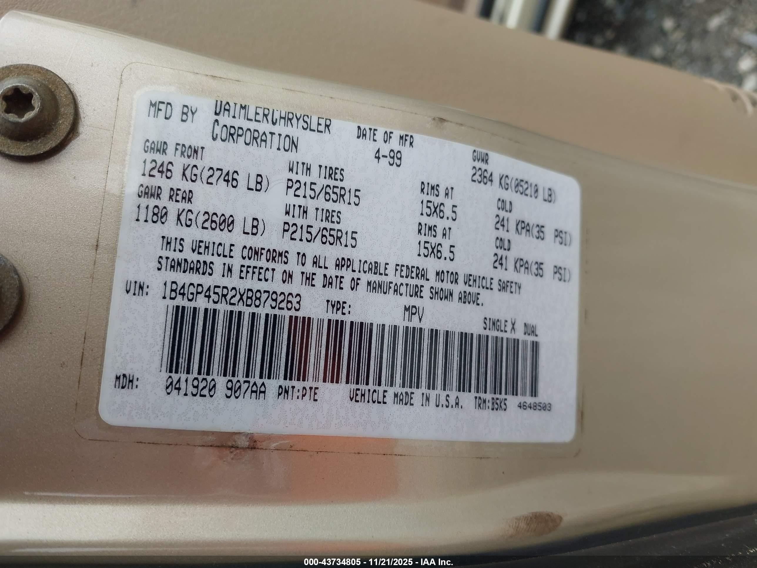 1999 Dodge Caravan Se Gold vin: 1B4GP45R2XB879263