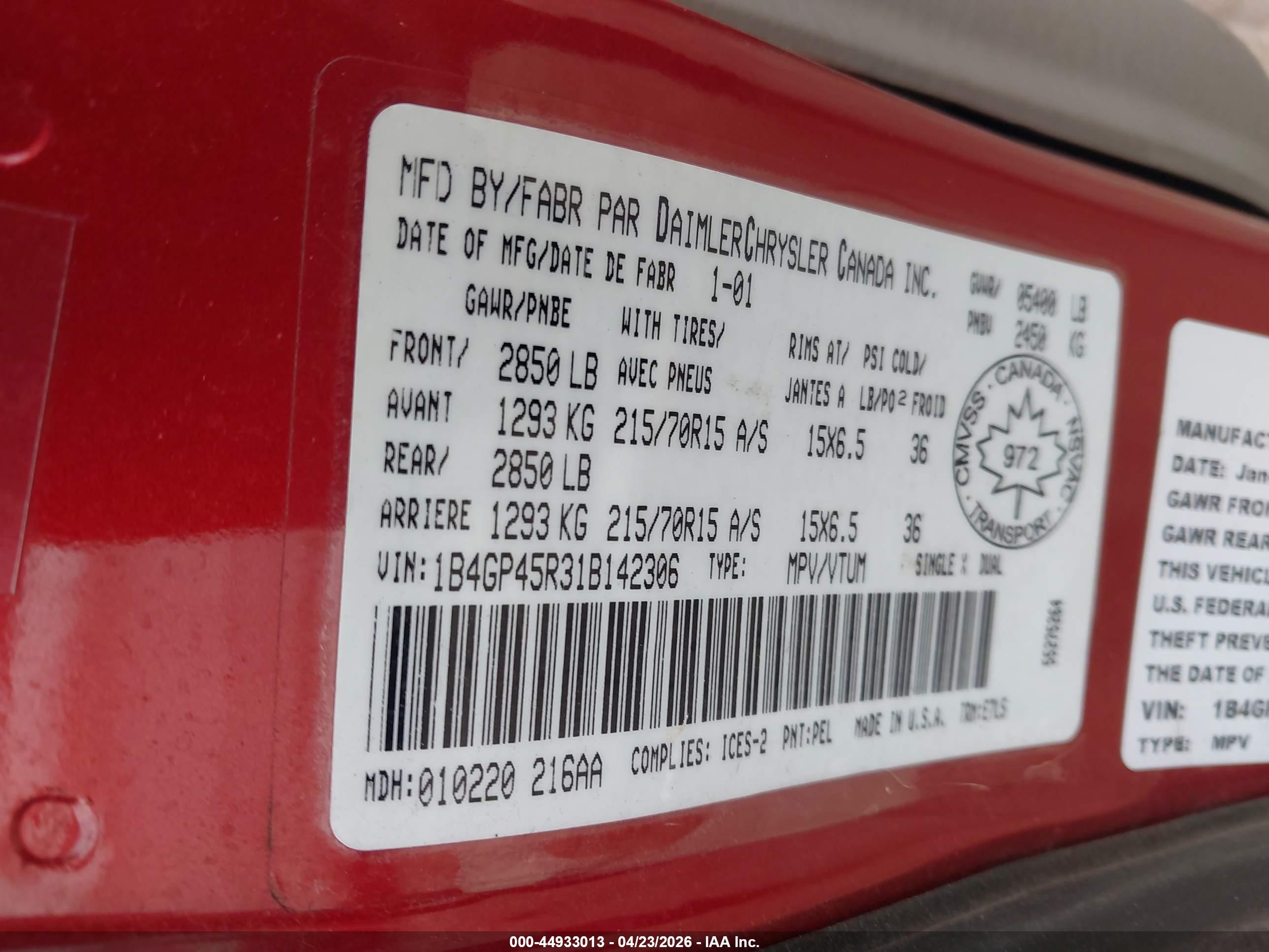 2001 Dodge Caravan Sport Red vin: 1B4GP45R31B142306