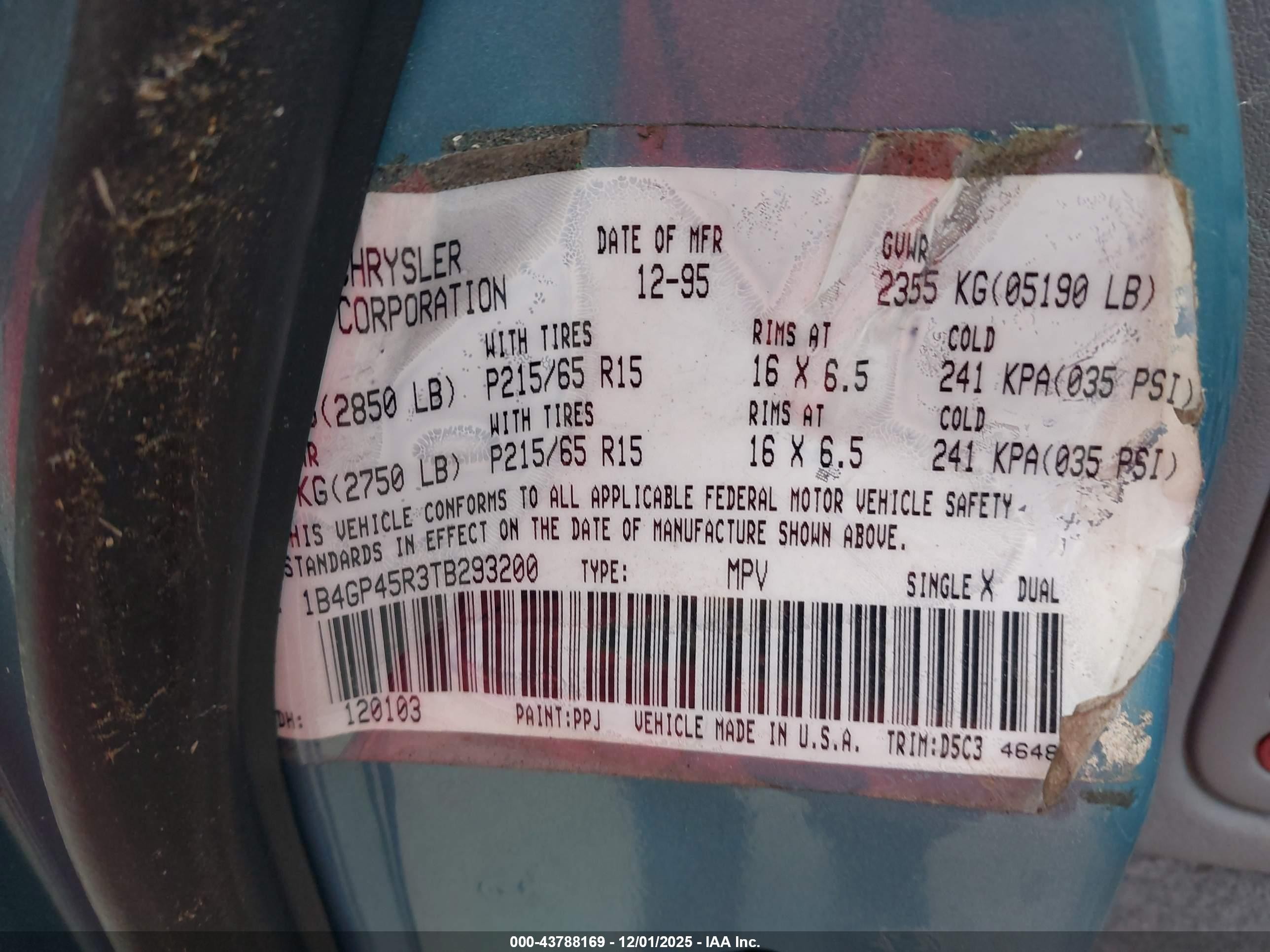 1996 Dodge Caravan Se/sport Blue vin: 1B4GP45R3TB293200
