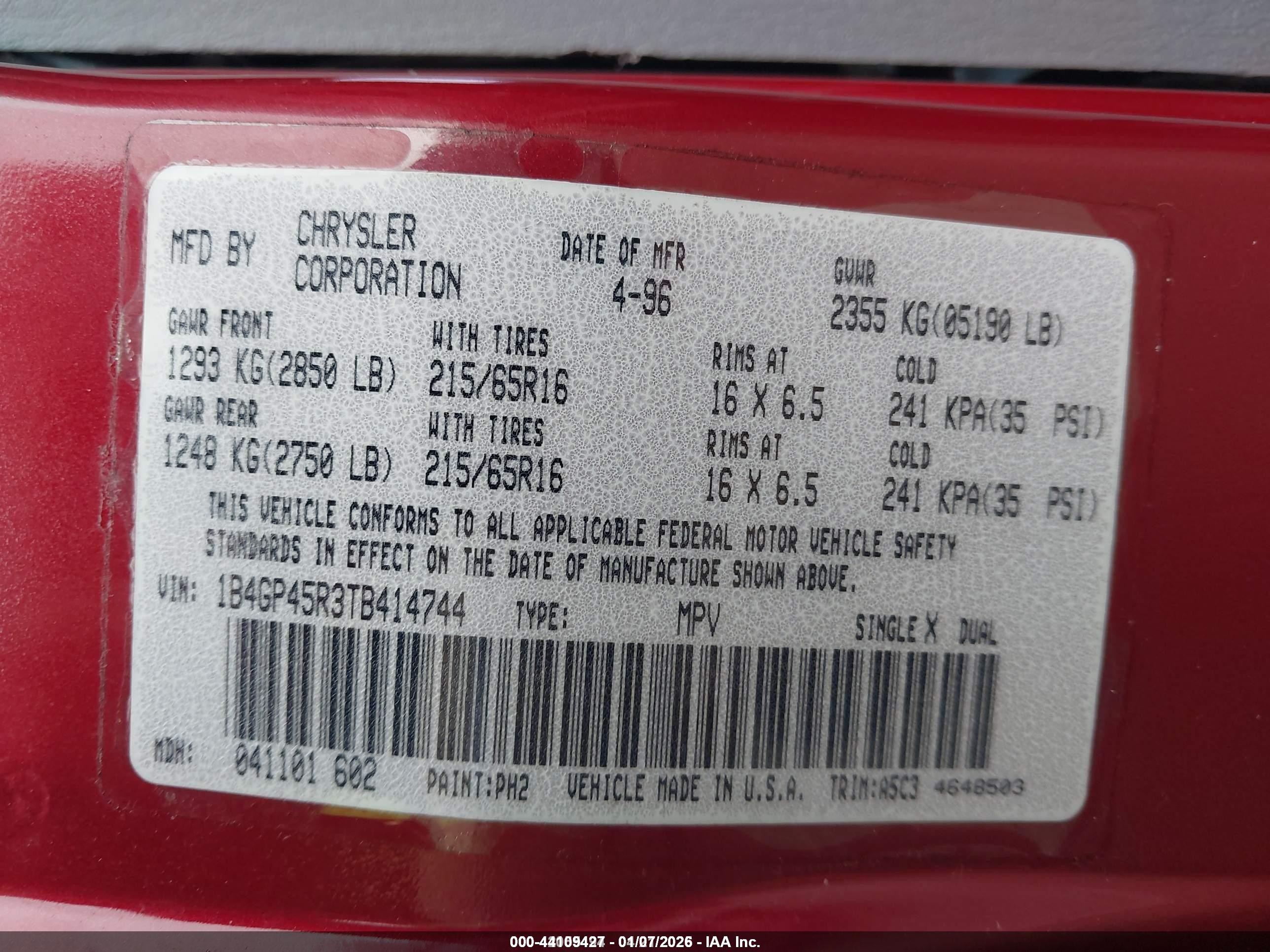1996 Dodge Caravan Se/sport Red vin: 1B4GP45R3TB414744