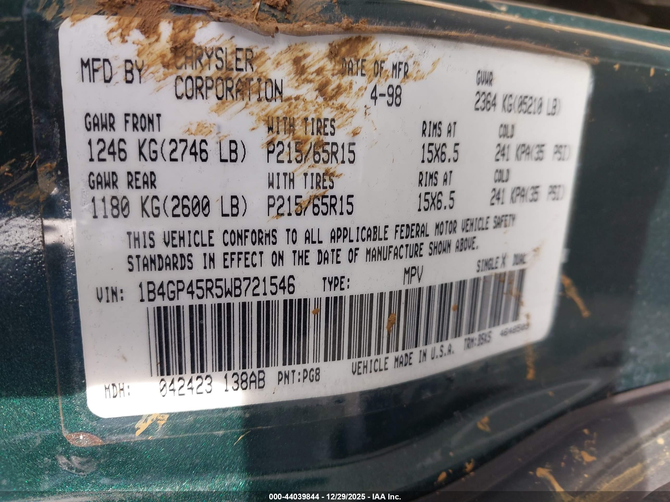 1998 Dodge Caravan Se Green vin: 1B4GP45R5WB721546