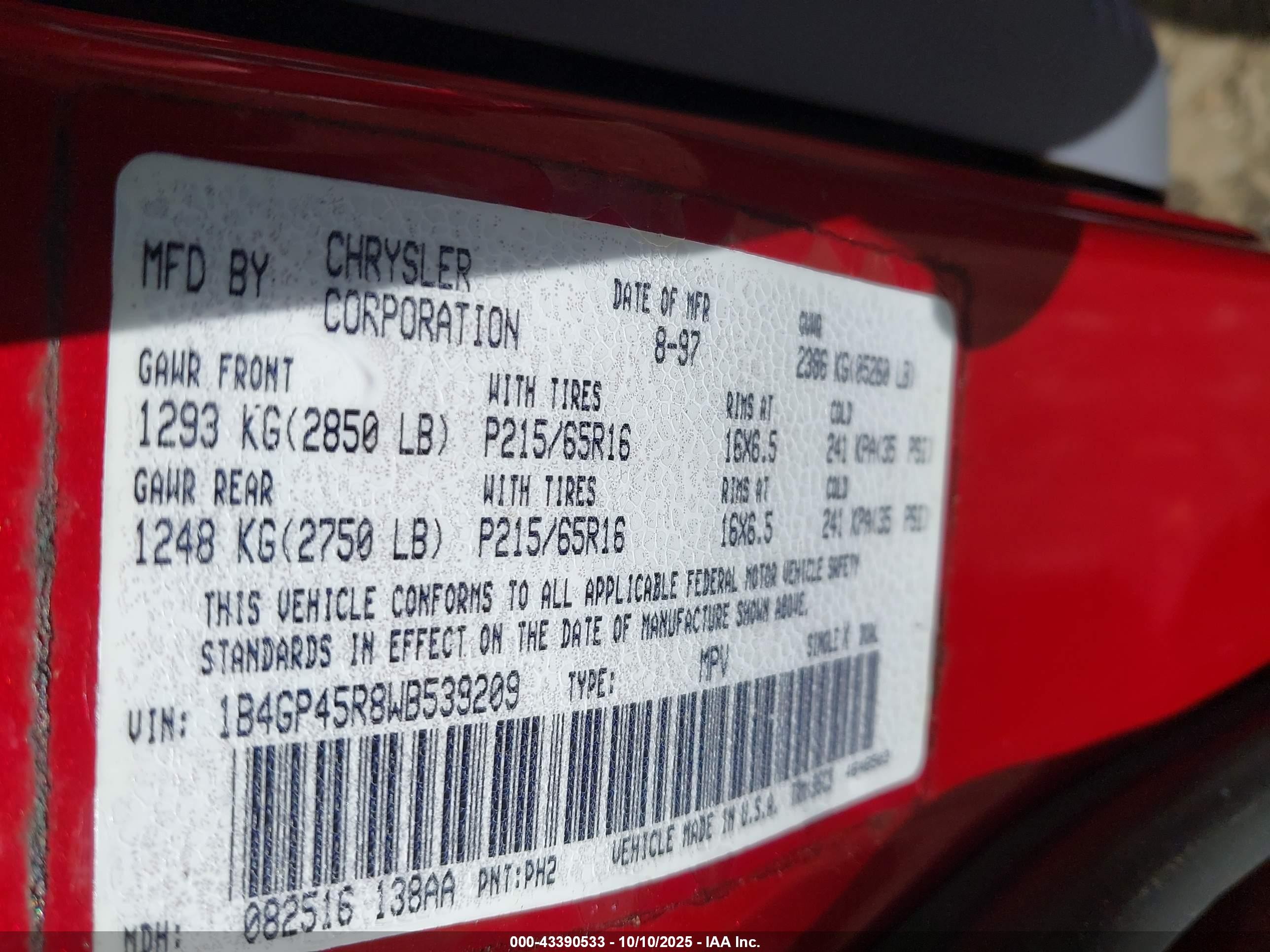 1998 Dodge Caravan Se Red vin: 1B4GP45R8WB539209