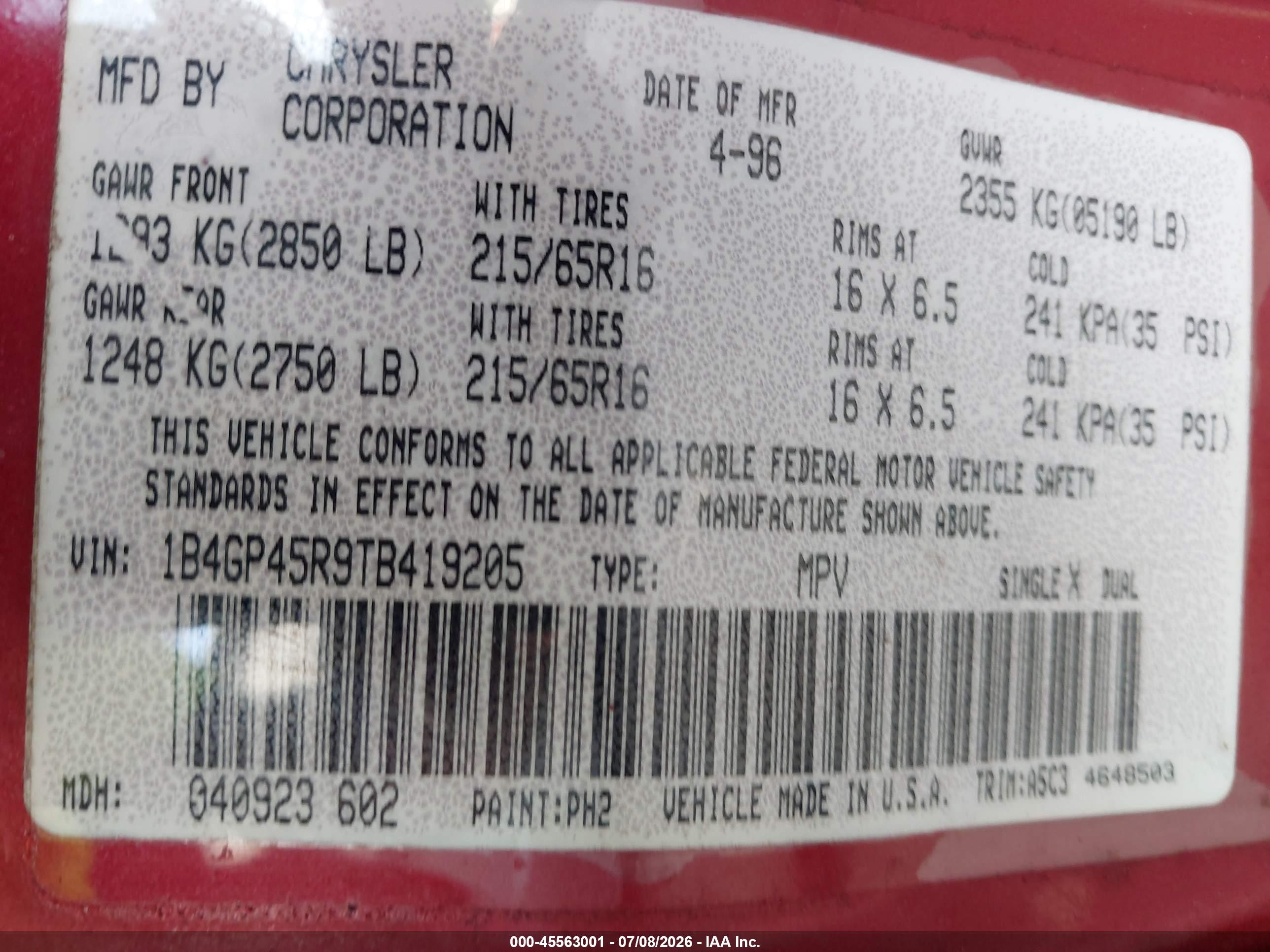 1996 Dodge Caravan Se/sport Red vin: 1B4GP45R9TB419205