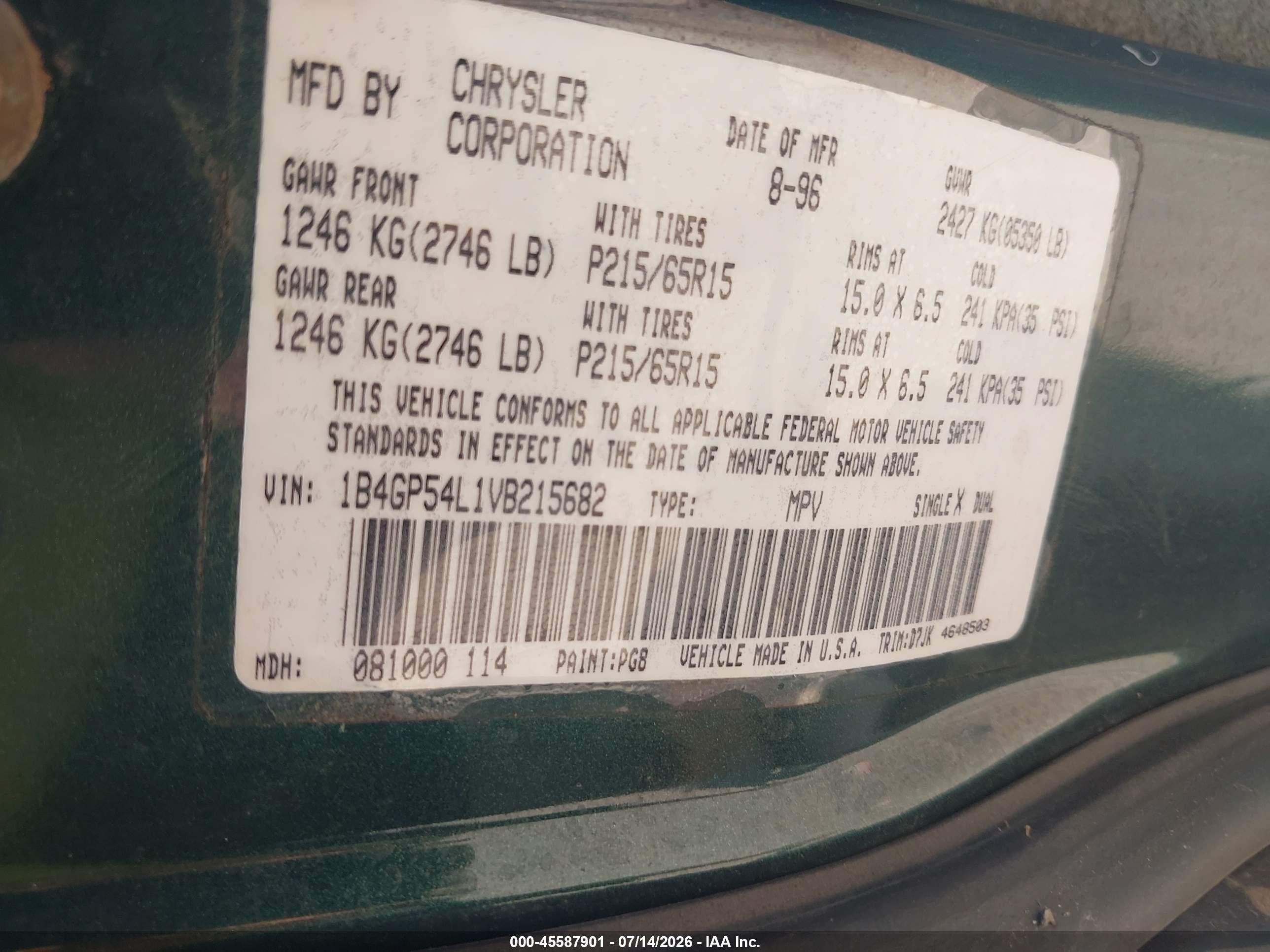 1997 Dodge Grand Caravan Le/es Green vin: 1B4GP54L1VB215682