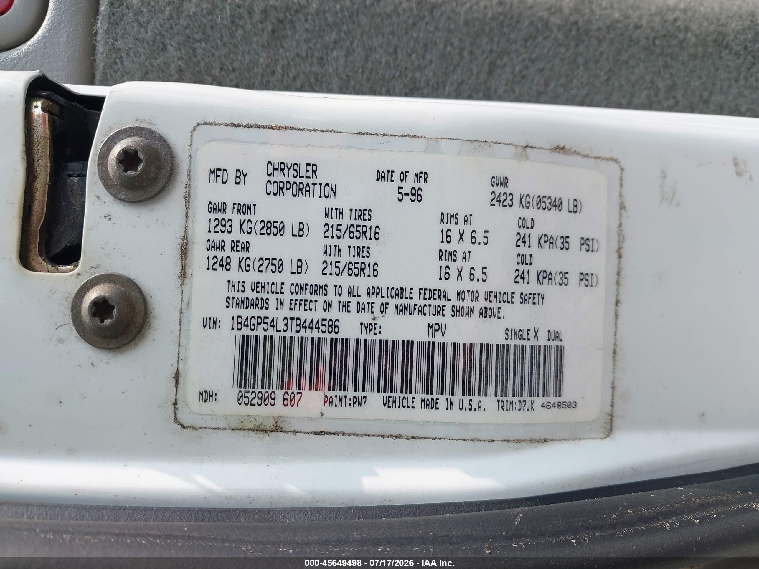 1996 Dodge Grand Caravan Le/es Белый vin: 1B4GP54L3TB444586