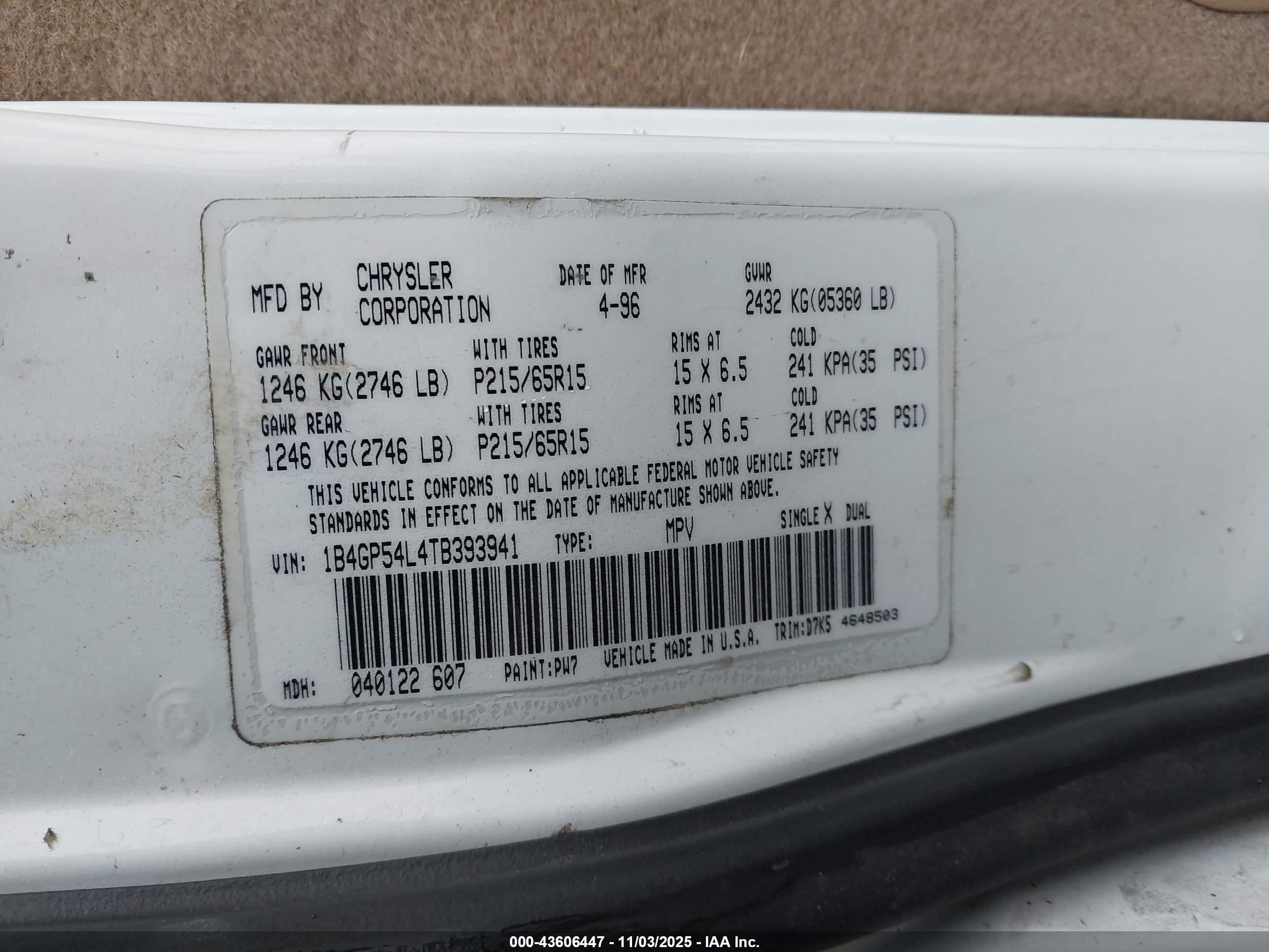 1996 Dodge Grand Caravan Le/es Белый vin: 1B4GP54L4TB393941