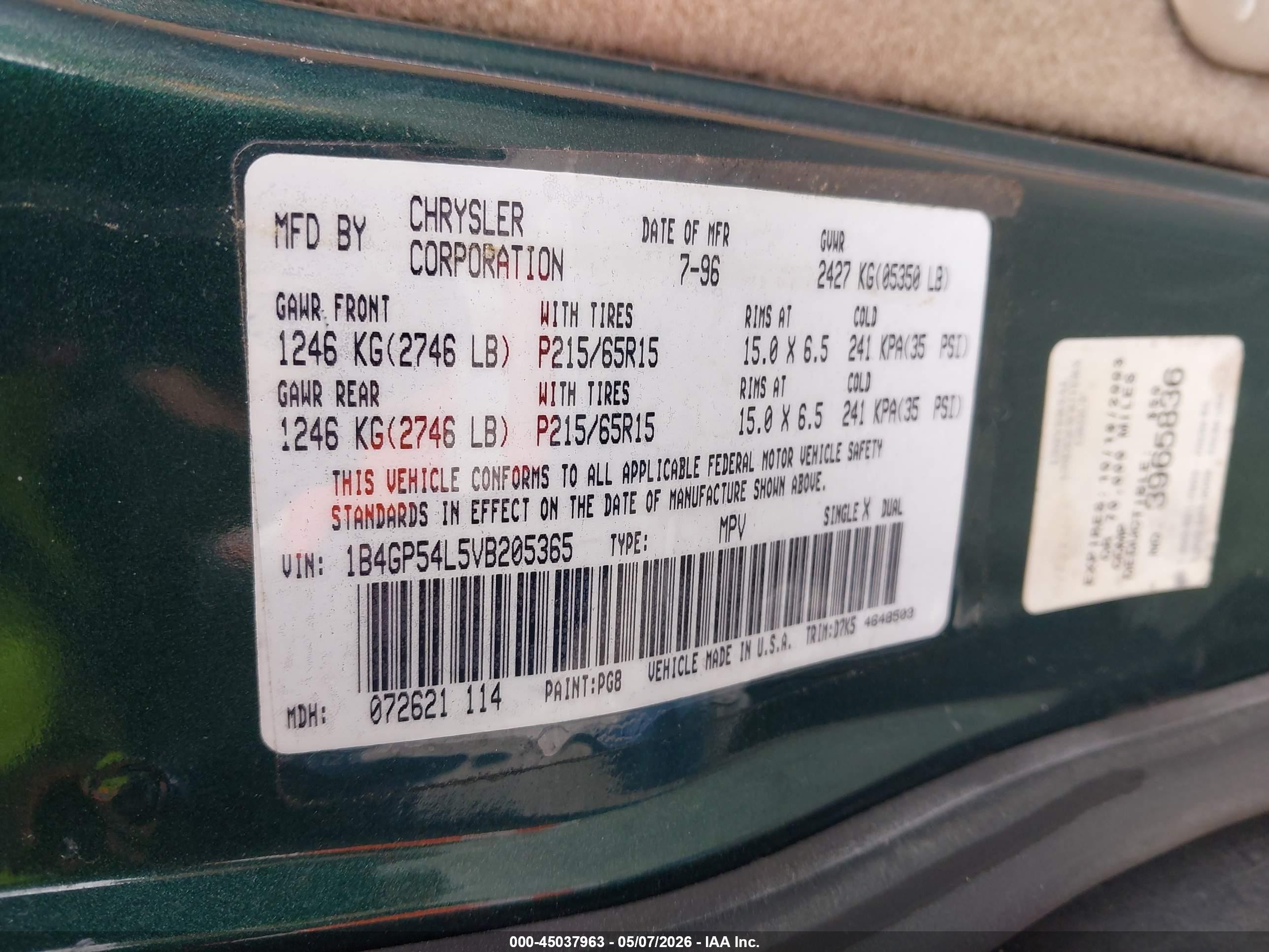 1997 Dodge Grand Caravan Es/le Green vin: 1B4GP54L5VB205365