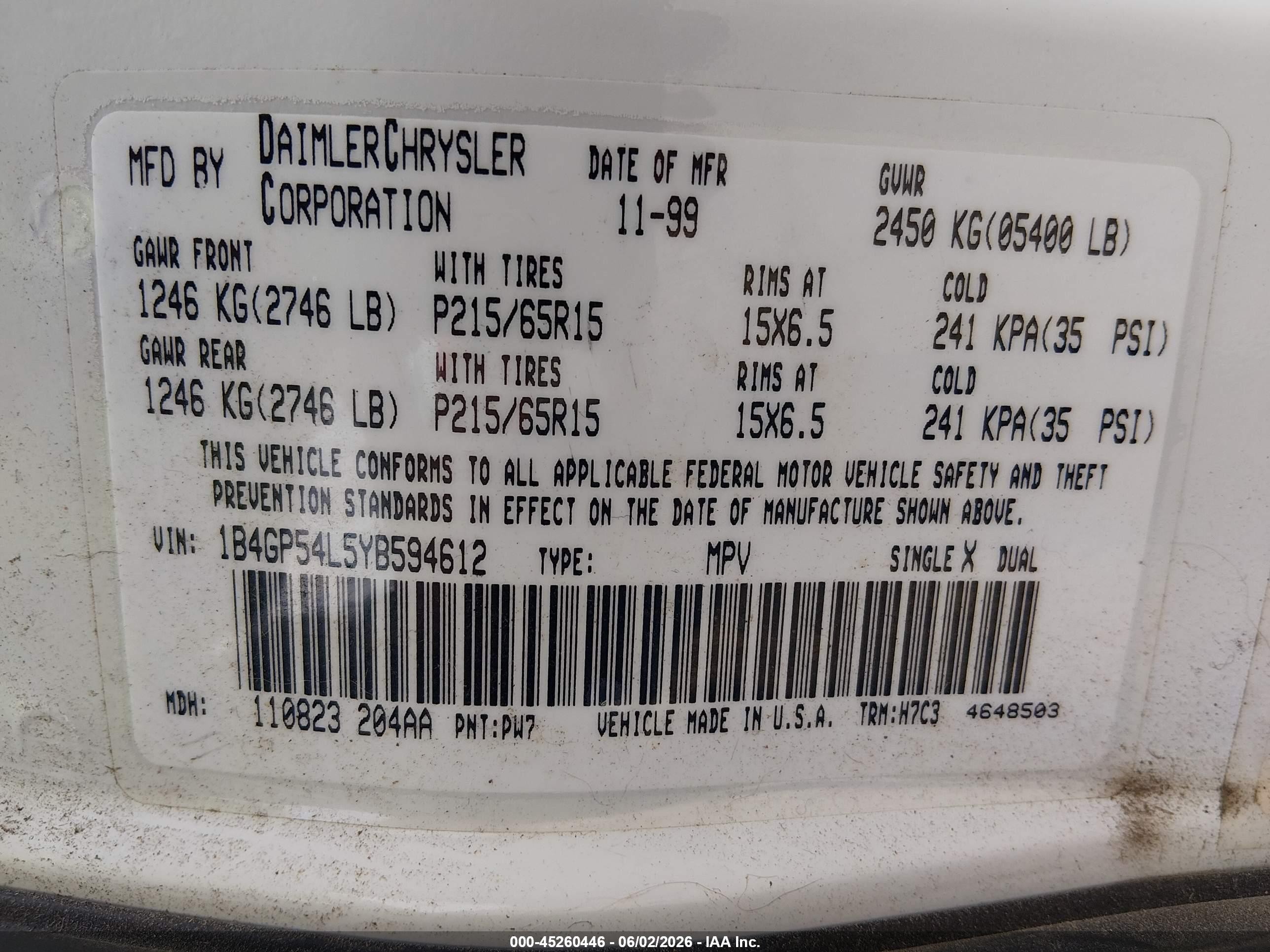 2000 Dodge Grand Caravan Le White vin: 1B4GP54L5YB594612