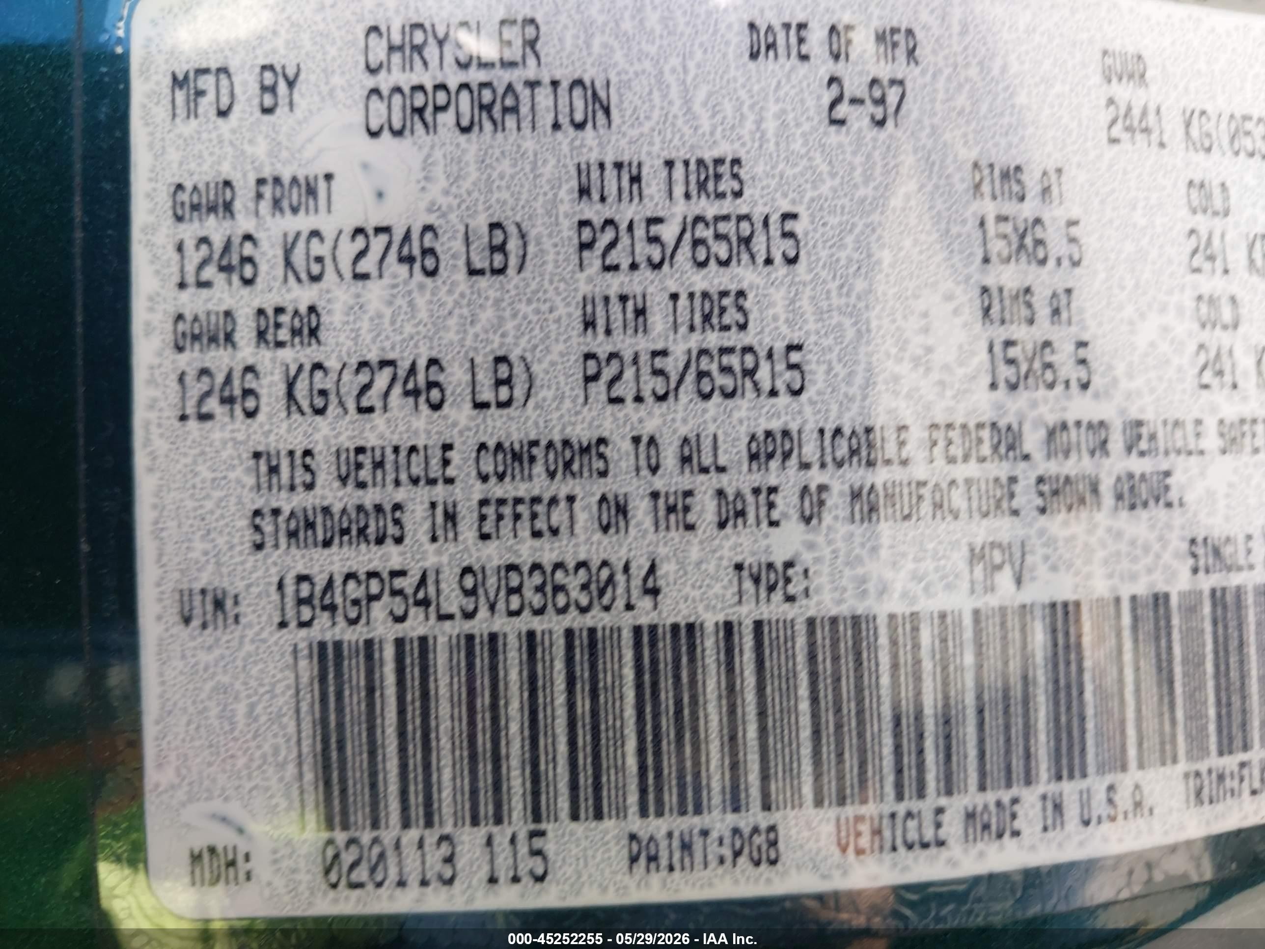 1997 Dodge Grand Caravan Es/le Green vin: 1B4GP54L9VB363014