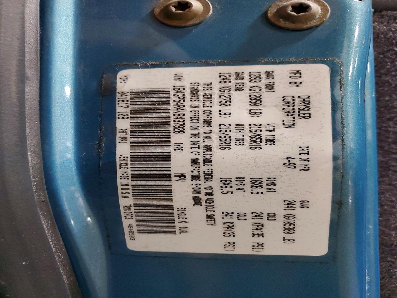 1997 Dodge Grand Caravan Le Blue vin: 1B4GP54R4VB437928