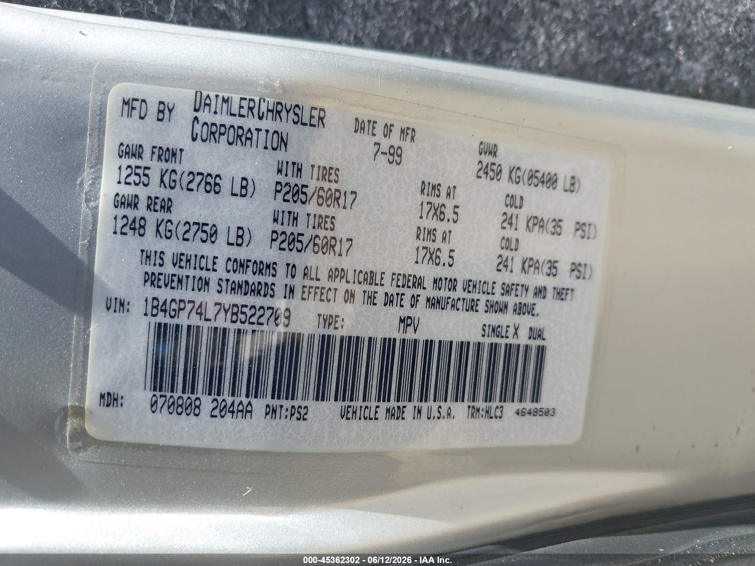 2000 Dodge Grand Caravan Es Silver vin: 1B4GP74L7YB522709