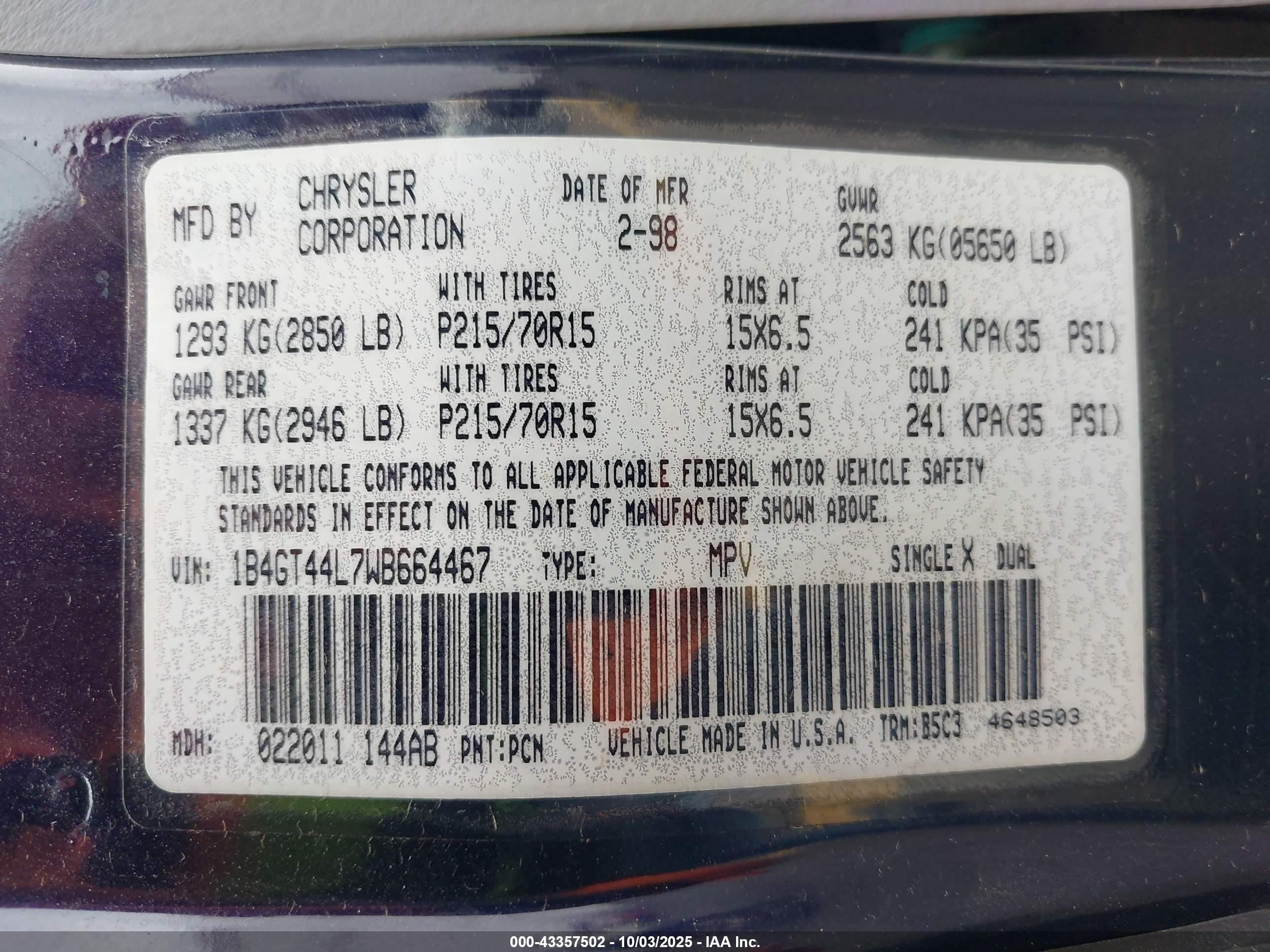 1998 Dodge Grand Caravan Se Dark Blue vin: 1B4GT44L7WB664467