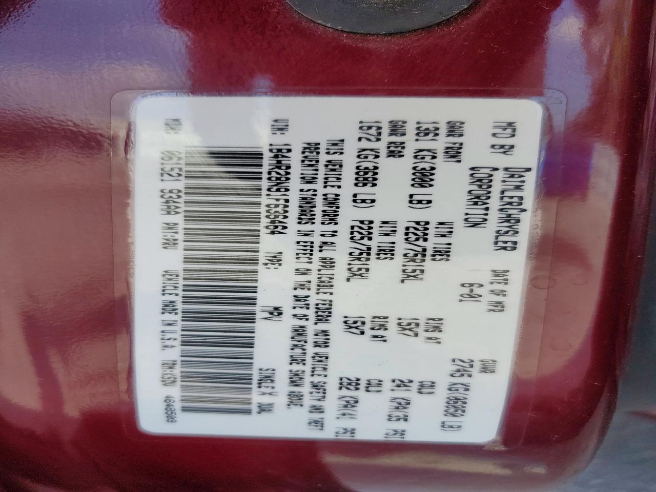 2001 Dodge Durango Burgundy vin: 1B4HR28N91F636464