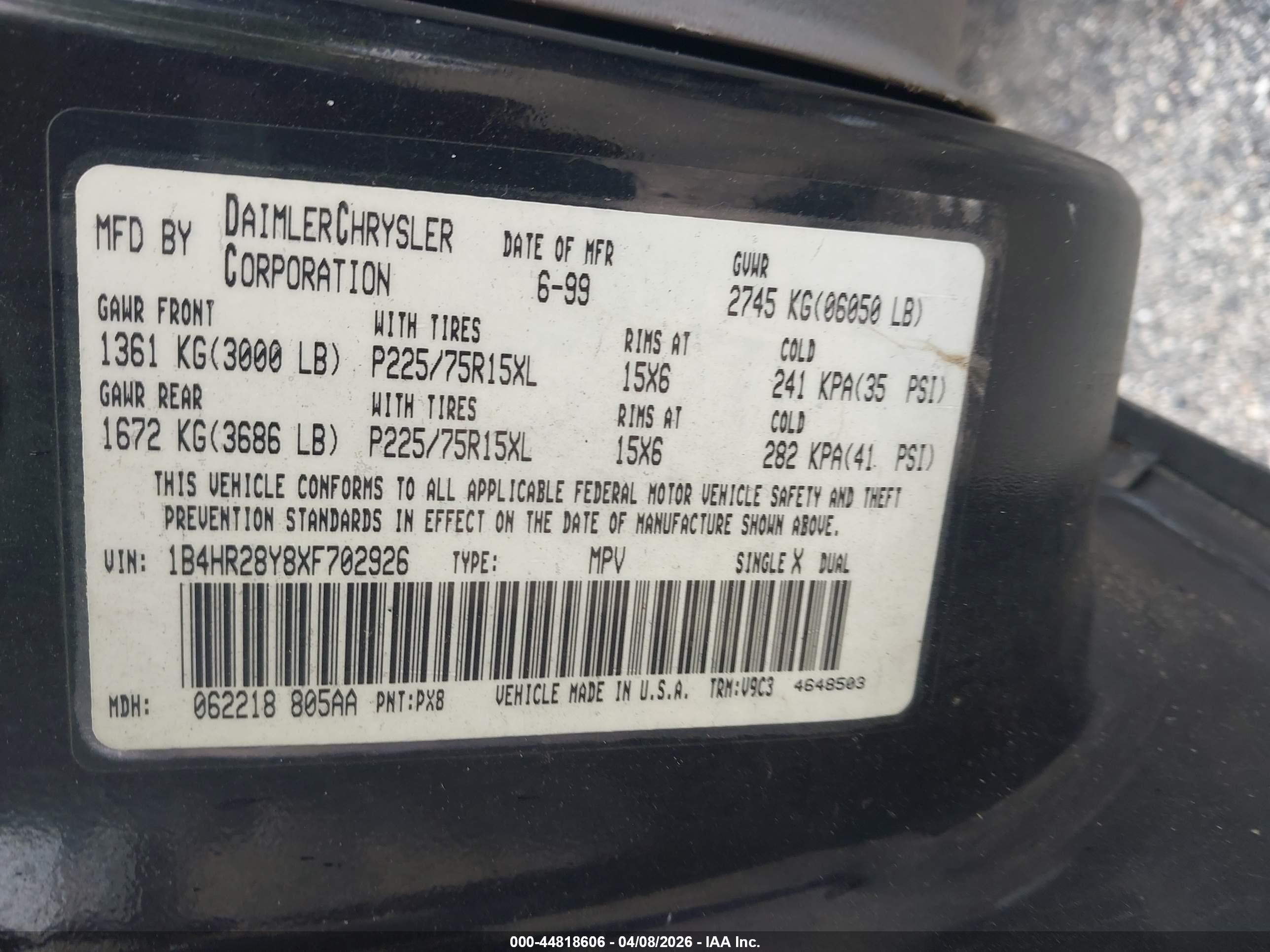 1999 Dodge Durango   Black vin: 1B4HR28Y8XF702926