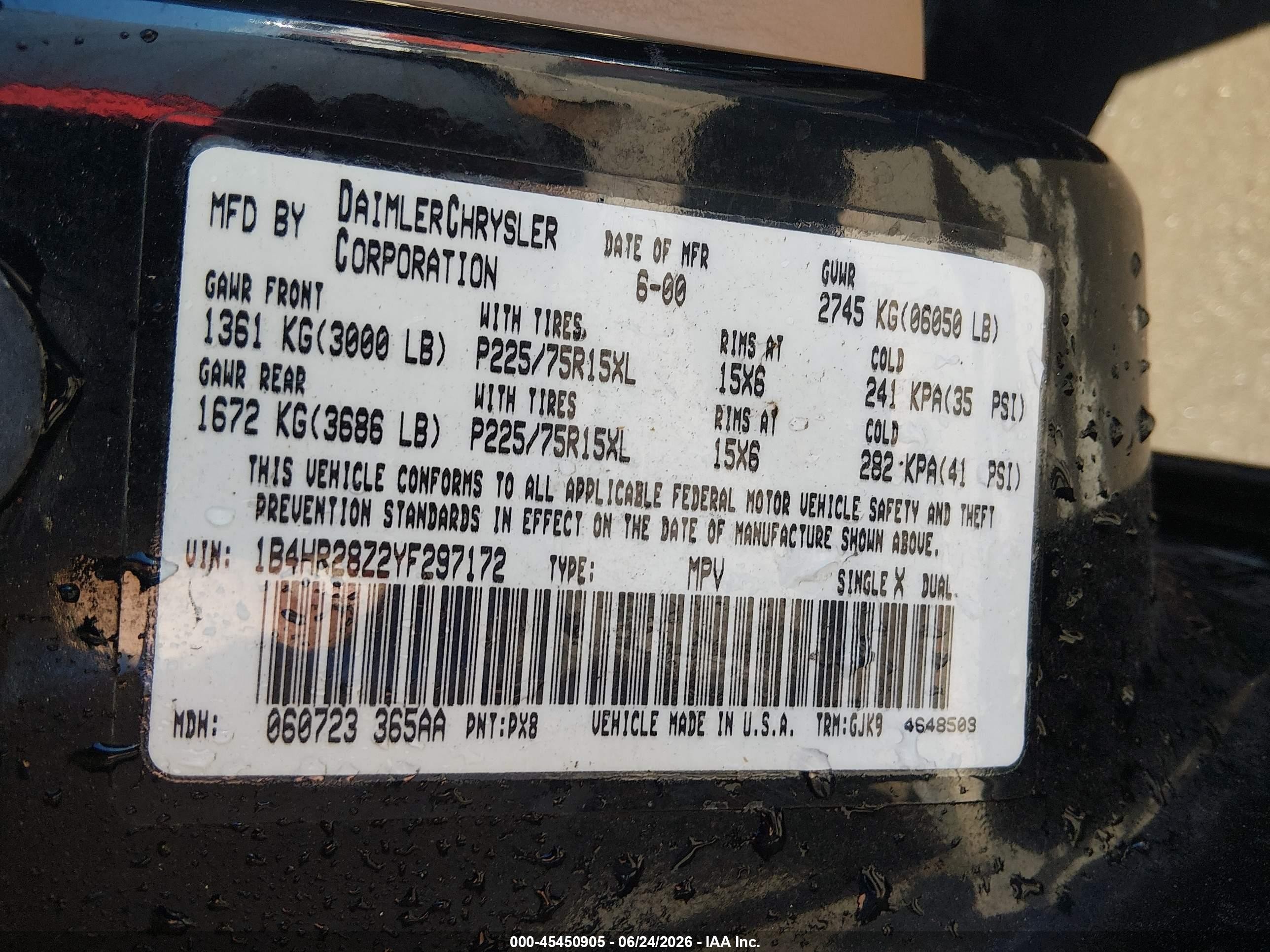 2000 Dodge Durango   Black vin: 1B4HR28Z2YF297172