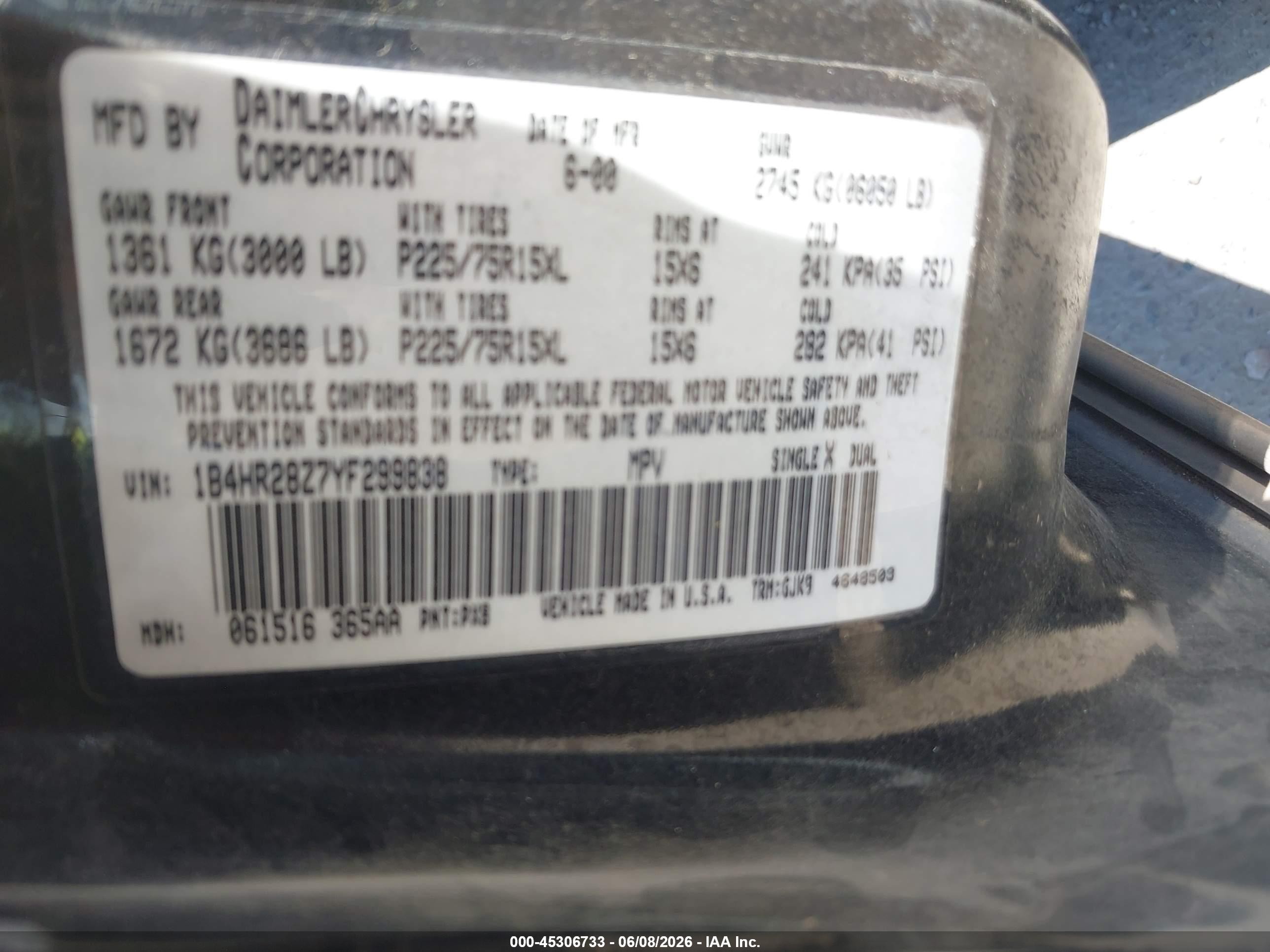 2000 Dodge Durango   Black vin: 1B4HR28Z7YF299838