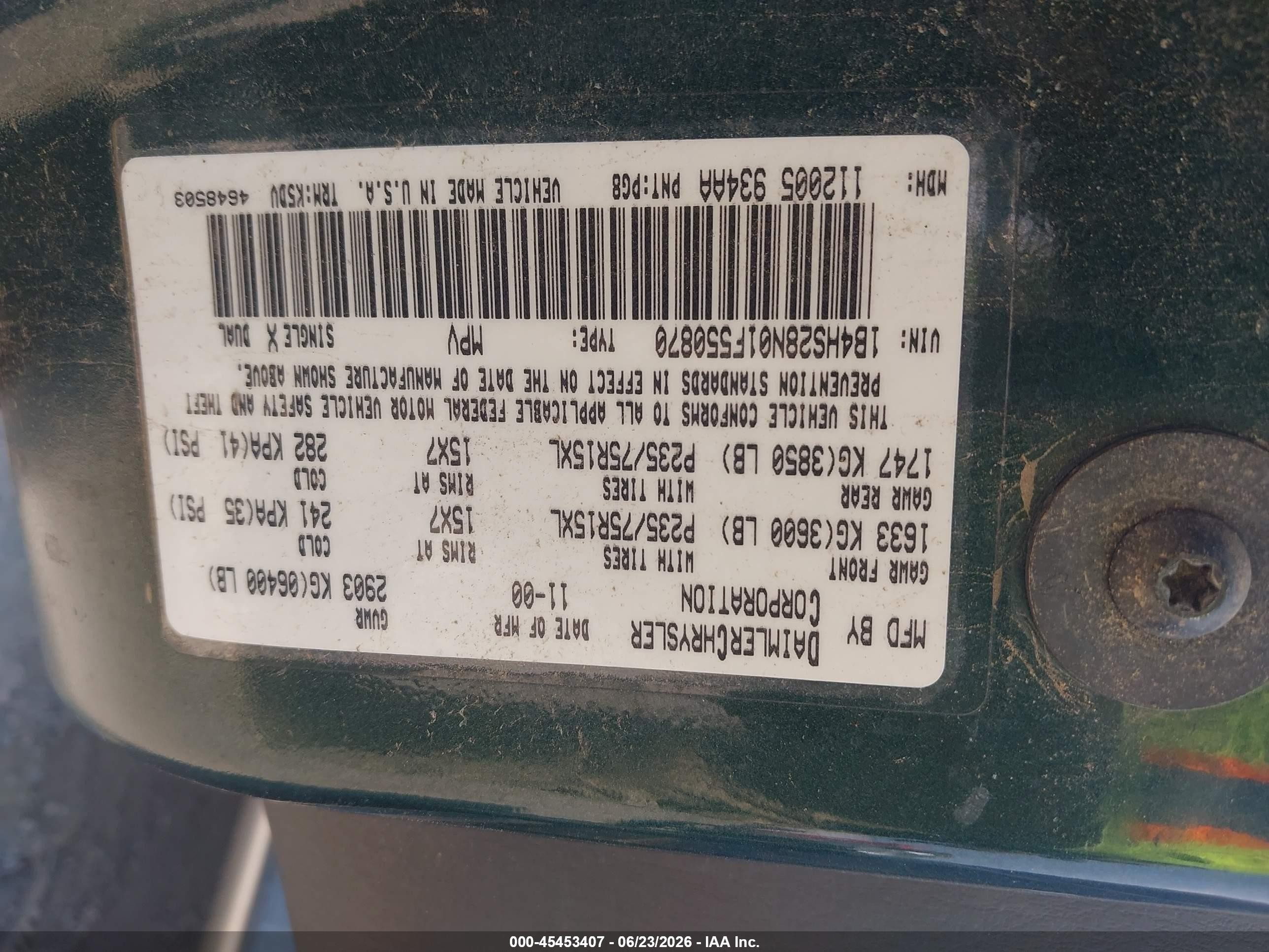 2001 Dodge Durango   Green vin: 1B4HS28N01F550870