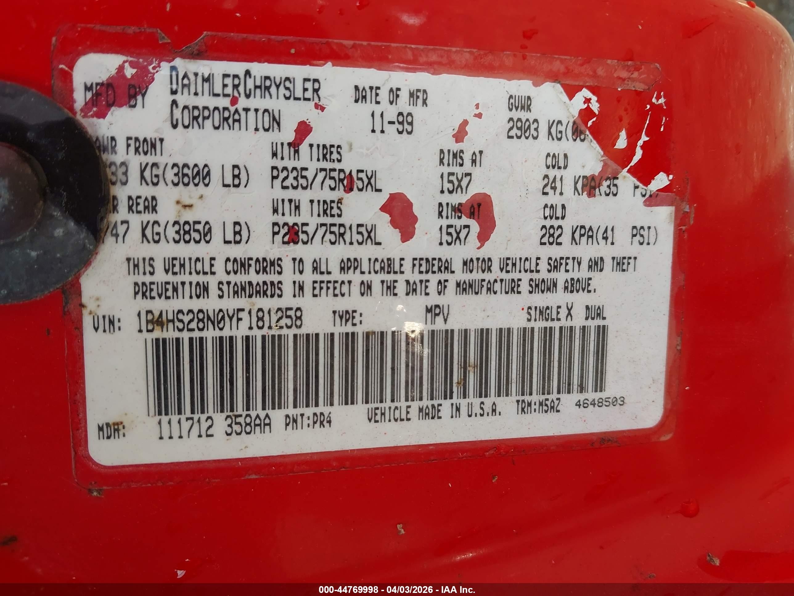 2000 Dodge Durango   Red vin: 1B4HS28N0YF181258