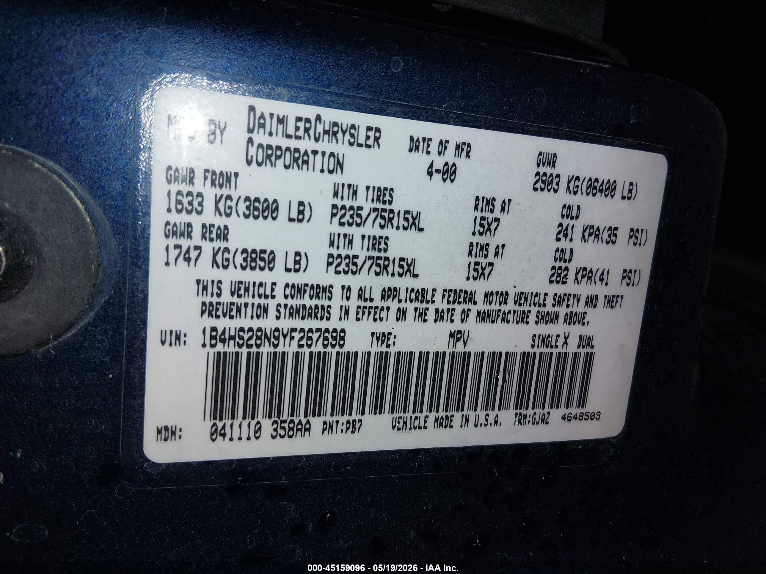 2000 Dodge Durango   Blue vin: 1B4HS28N9YF267698