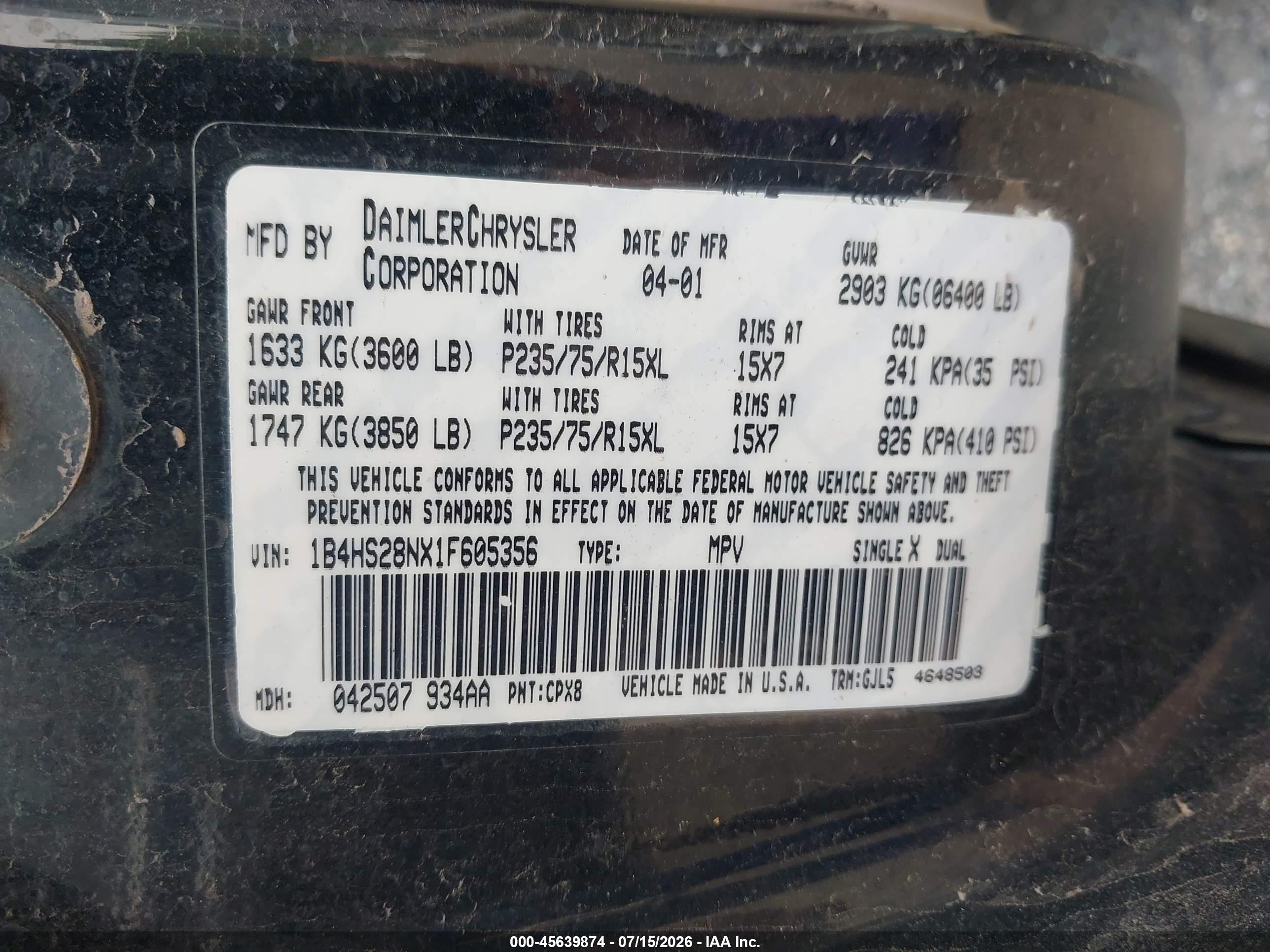 2001 Dodge Durango   Black vin: 1B4HS28NX1F605356