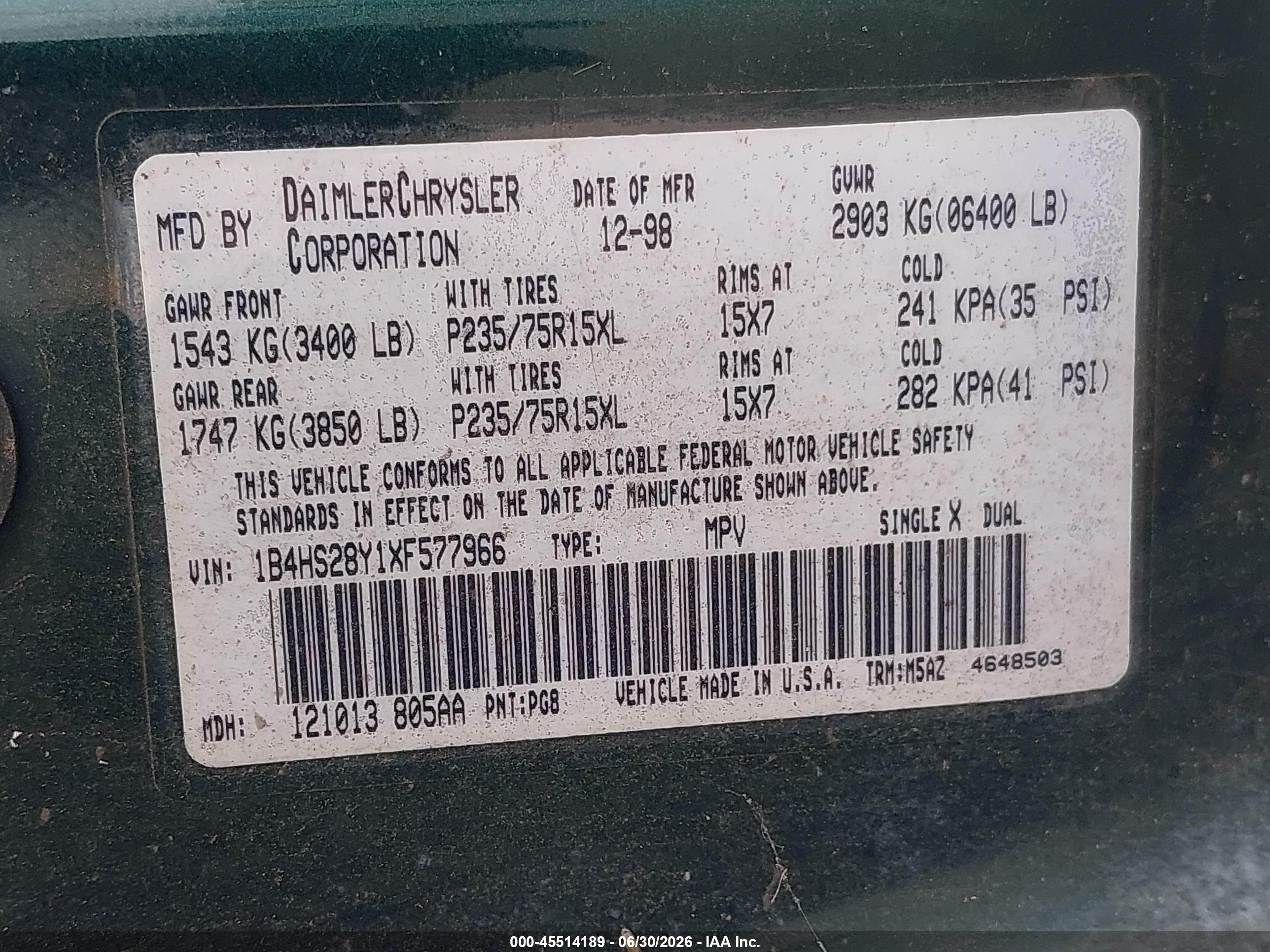 1999 Dodge Durango   Green vin: 1B4HS28Y1XF577966