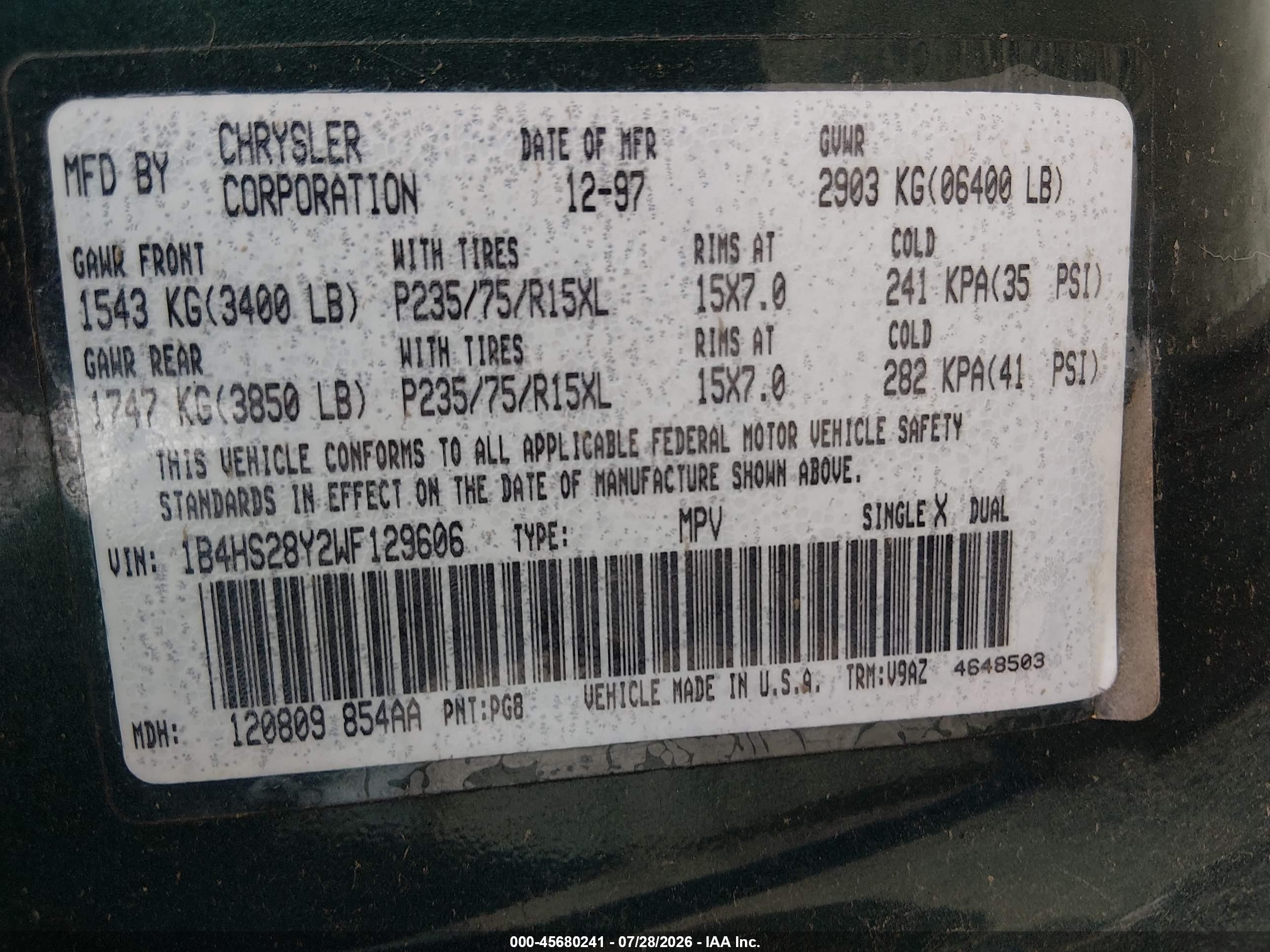 1998 Dodge Durango Slt Green vin: 1B4HS28Y2WF129606